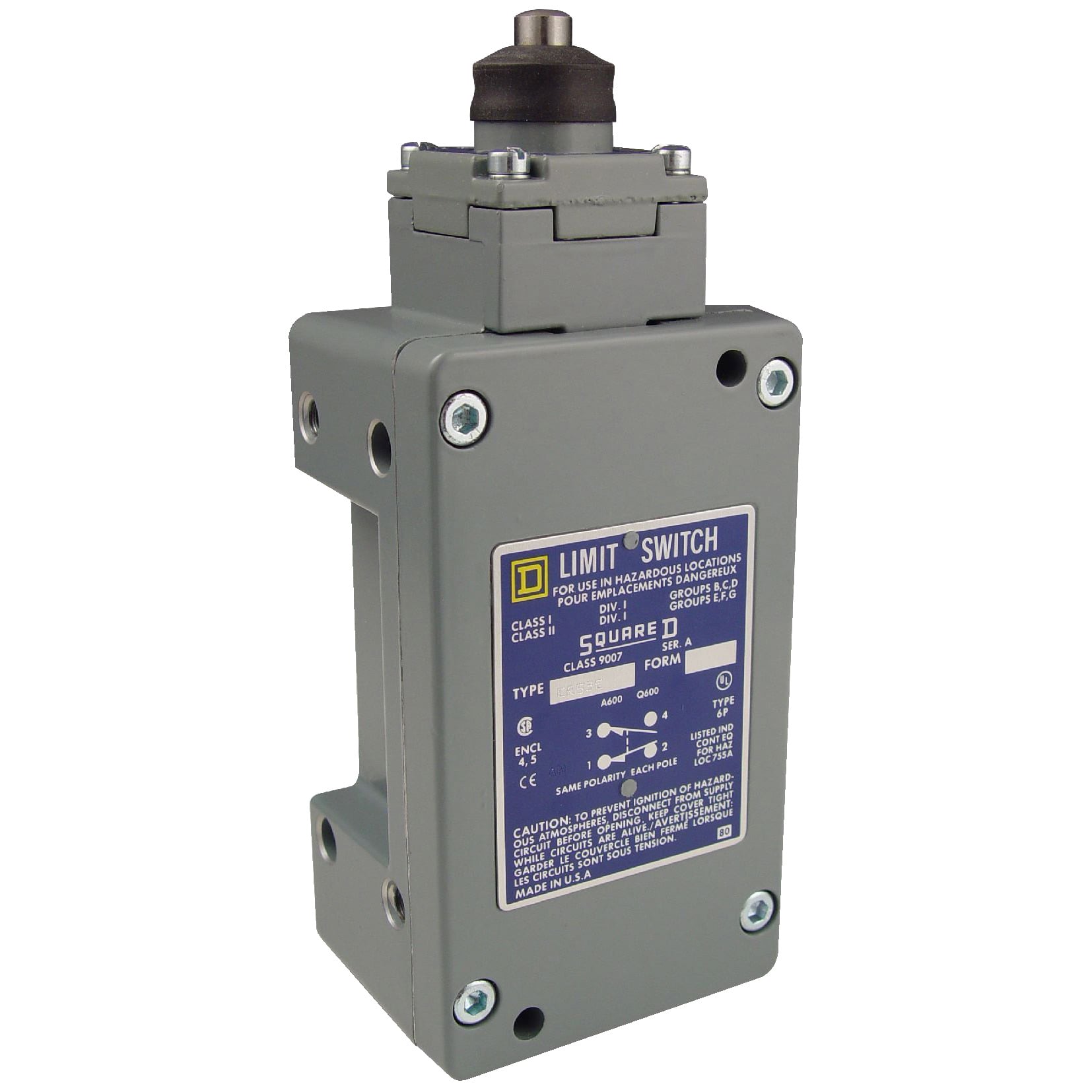 NEMA limit switch, 9007C, heavy duty, standard, steel spring return top plunger, 10A, 600V, 2NO/2NC, NEMA 7/9