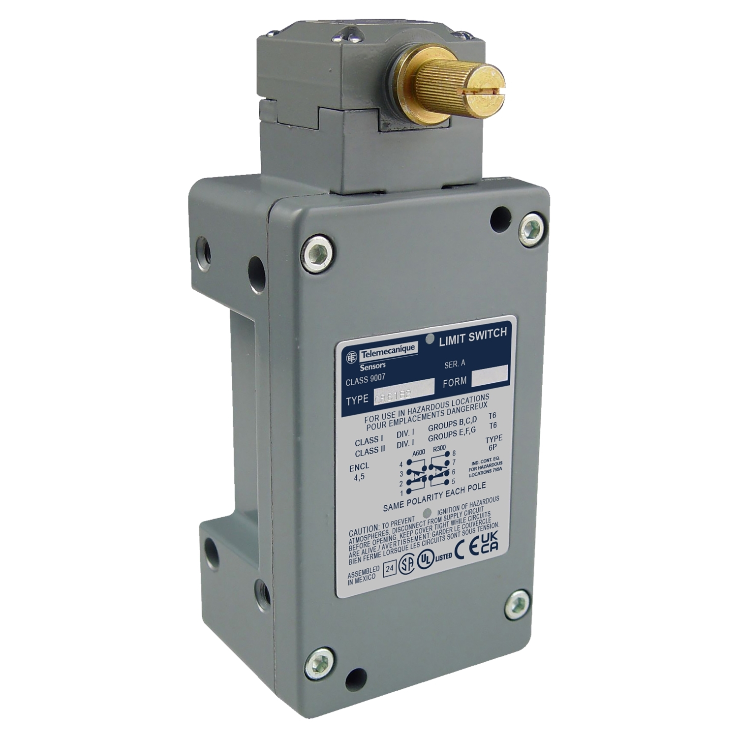 NEMA limit switch, 9007C, heavy duty, standard, two stage, spring return lever head, 10A, 600V, 2NO/2NC, NEMA 7/9