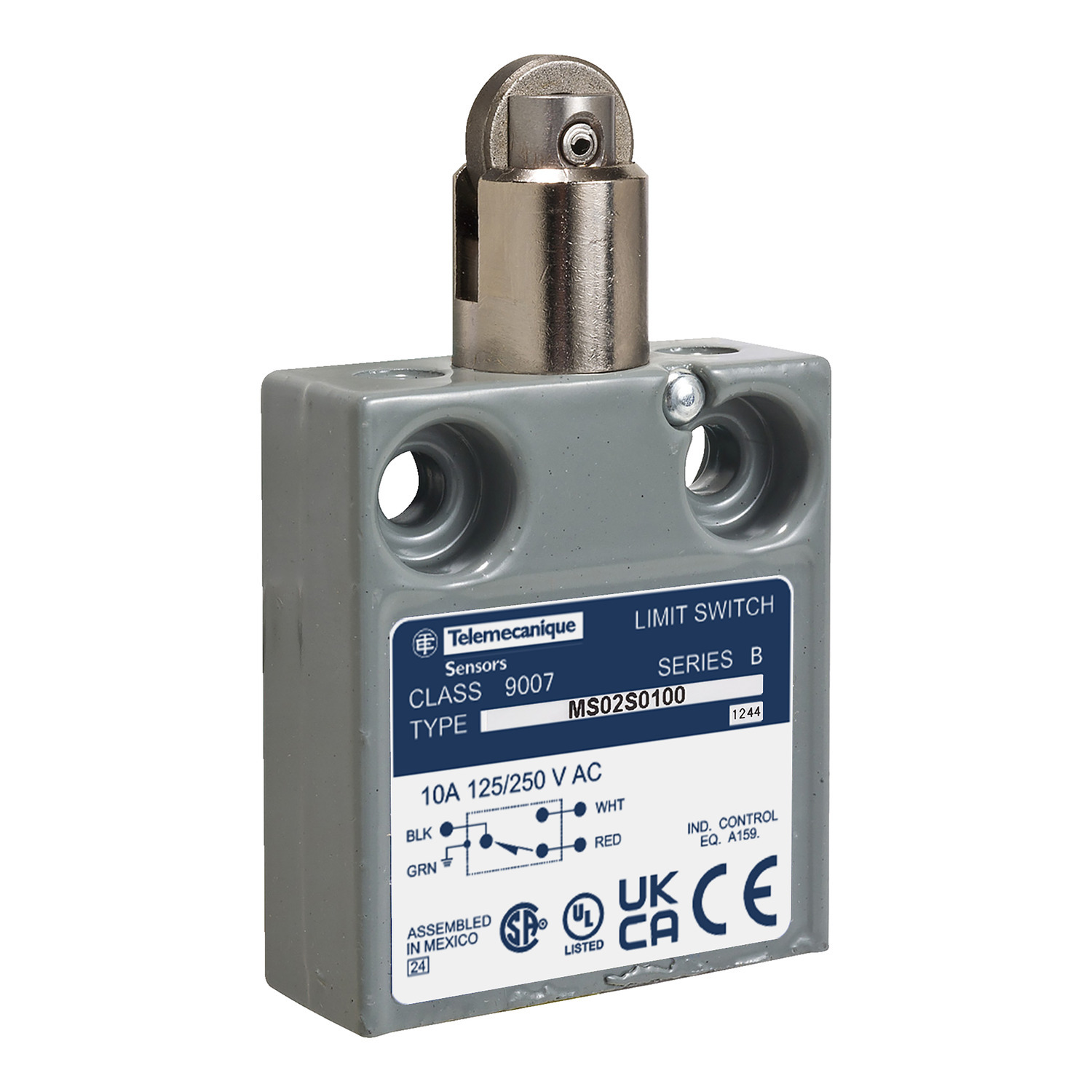 Limit switch, 9007ML, miniature, parallel roller plunger, 10A at 240VAC, 1NO/1NC, 3 feet of cable, NEMA 4, 6, 6P, 12, 13
