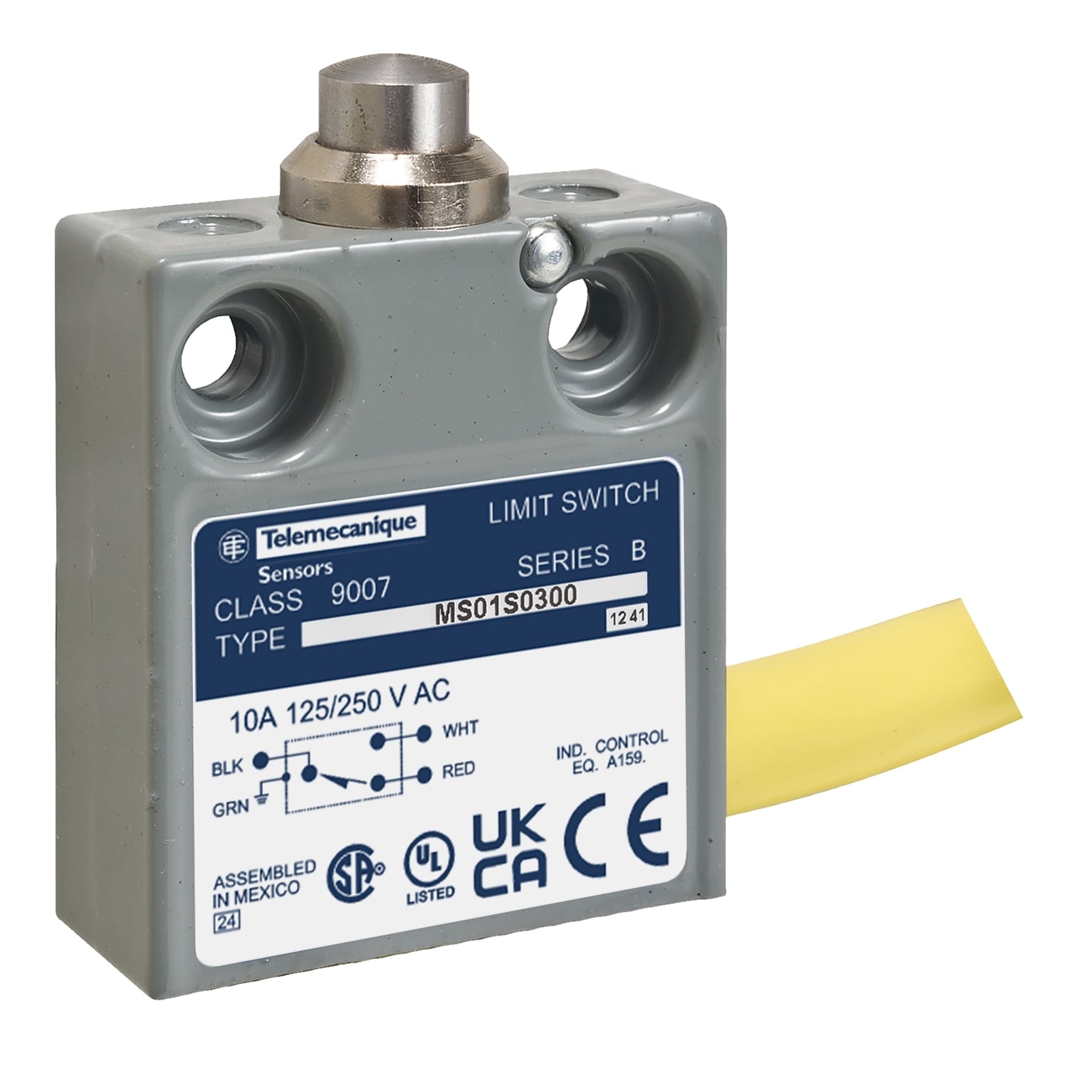 Limit switch, 9007MS, miniature, top plunger, 10A at 240VAC, 1NO/1NC, 6 feet of cable, side entrance, NEMA 4, 6P, 12, 13