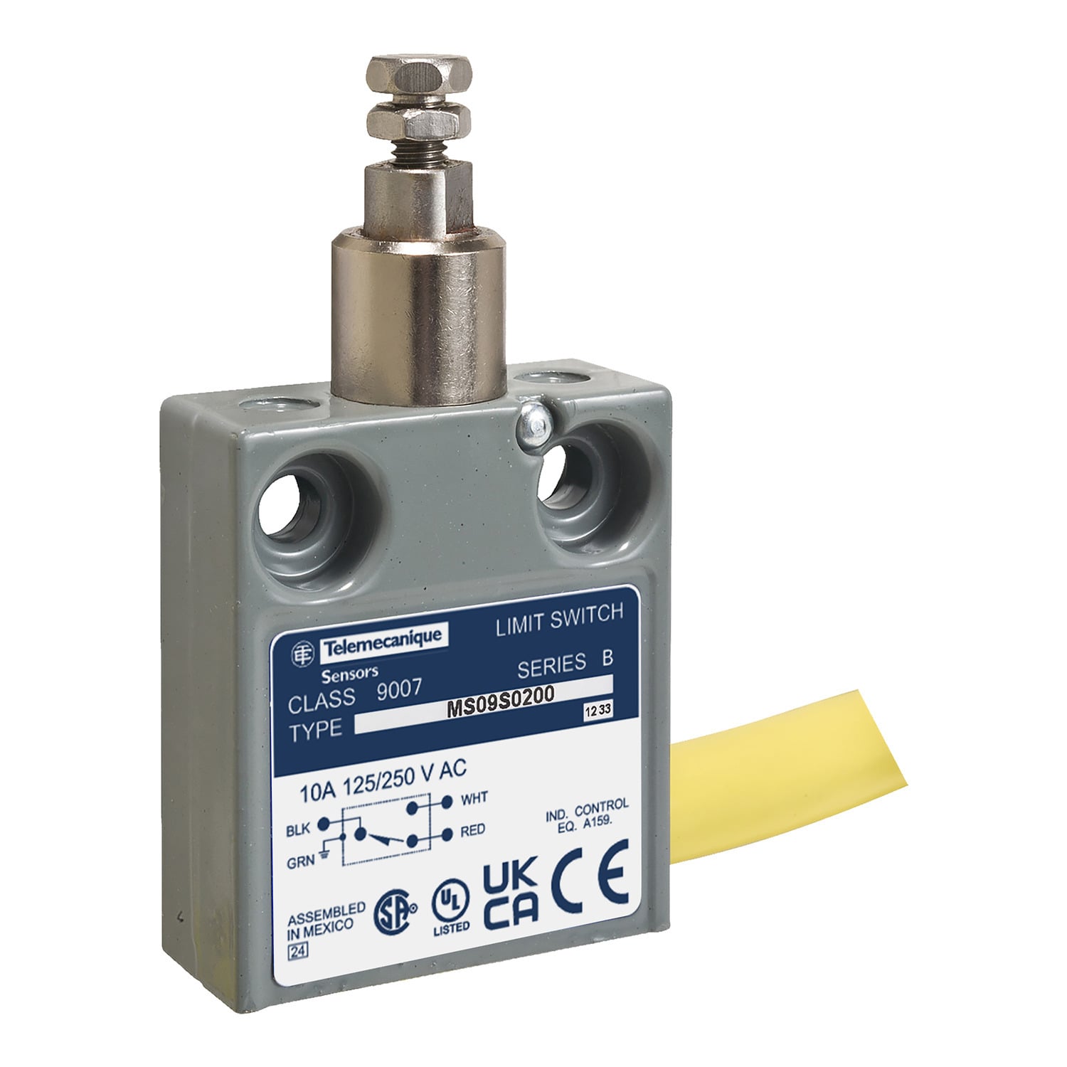 Limit switch, 9007MS, miniature, parallel roller plunger, 100mA at 125VAC, 1NO/1NC, 12 feet of cable, NEMA 4, 6P, 12, 13
