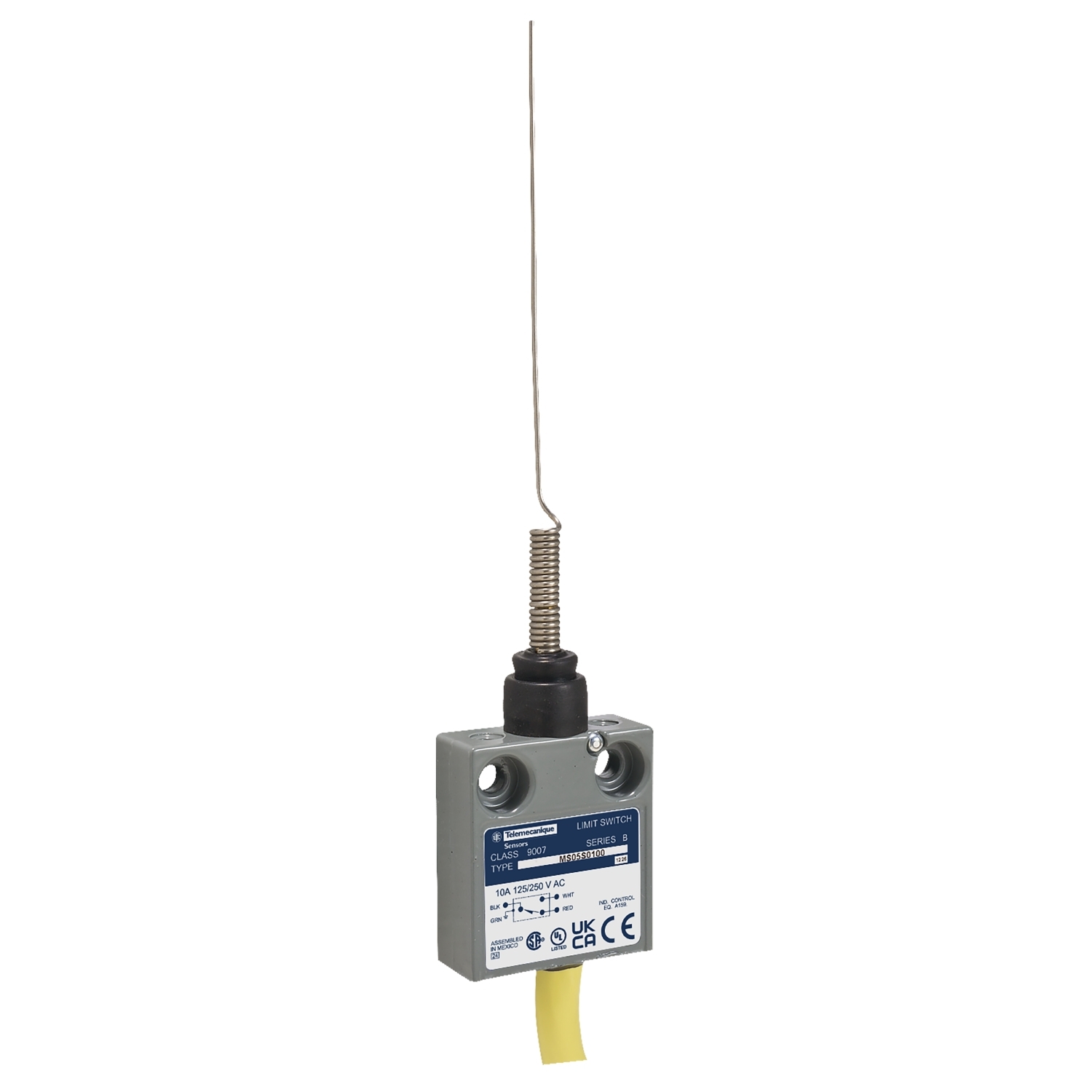 Limit switch, 9007ML, miniature, steel whisker wire, 10A at 240VAC, 1NO/1NC, 9 feet of cable, NEMA 4, 6, 6P, 12, 13