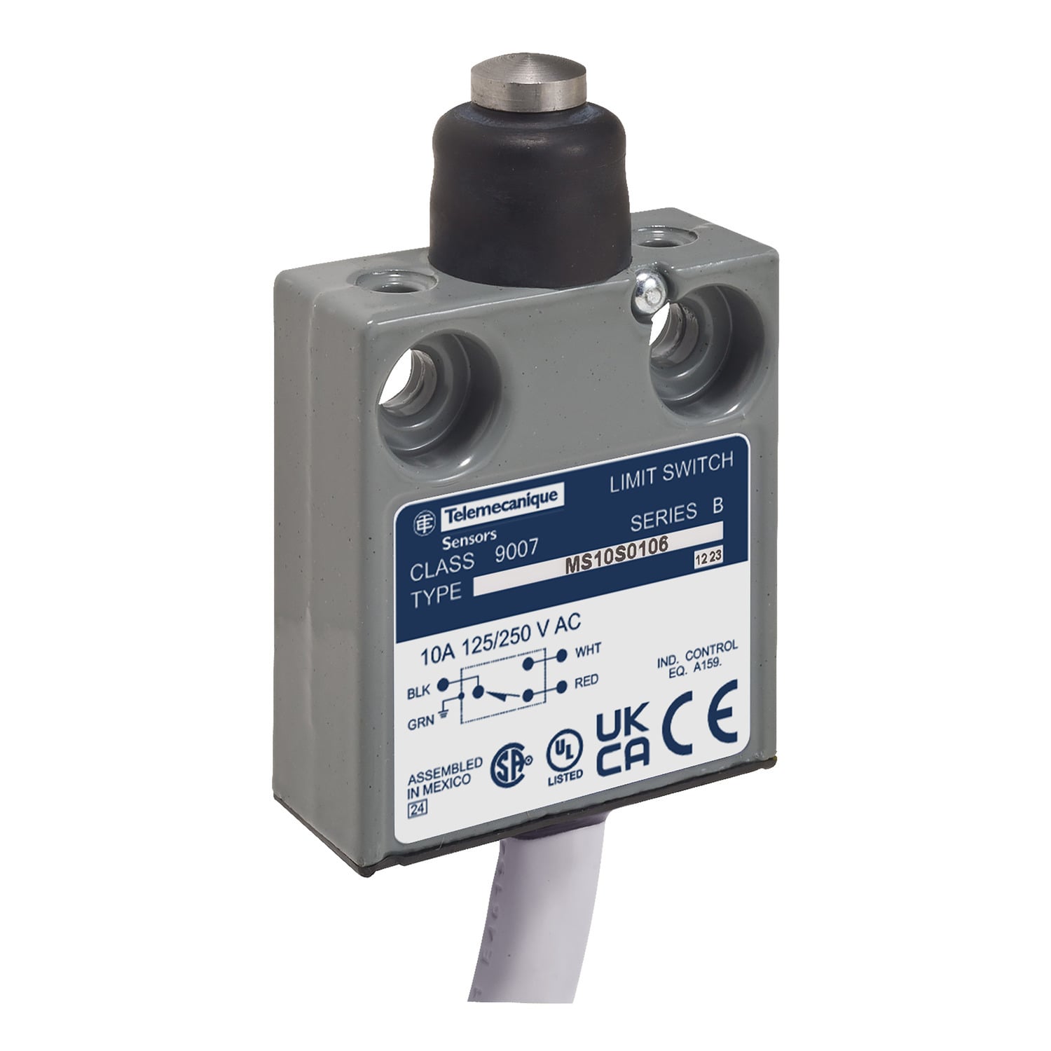 Limit switch, 9007MS, miniature, parallel roller plunger, 10A at 240VAC, 1NO/1NC, 9 feet of cable, NEMA 4, 6P, 13