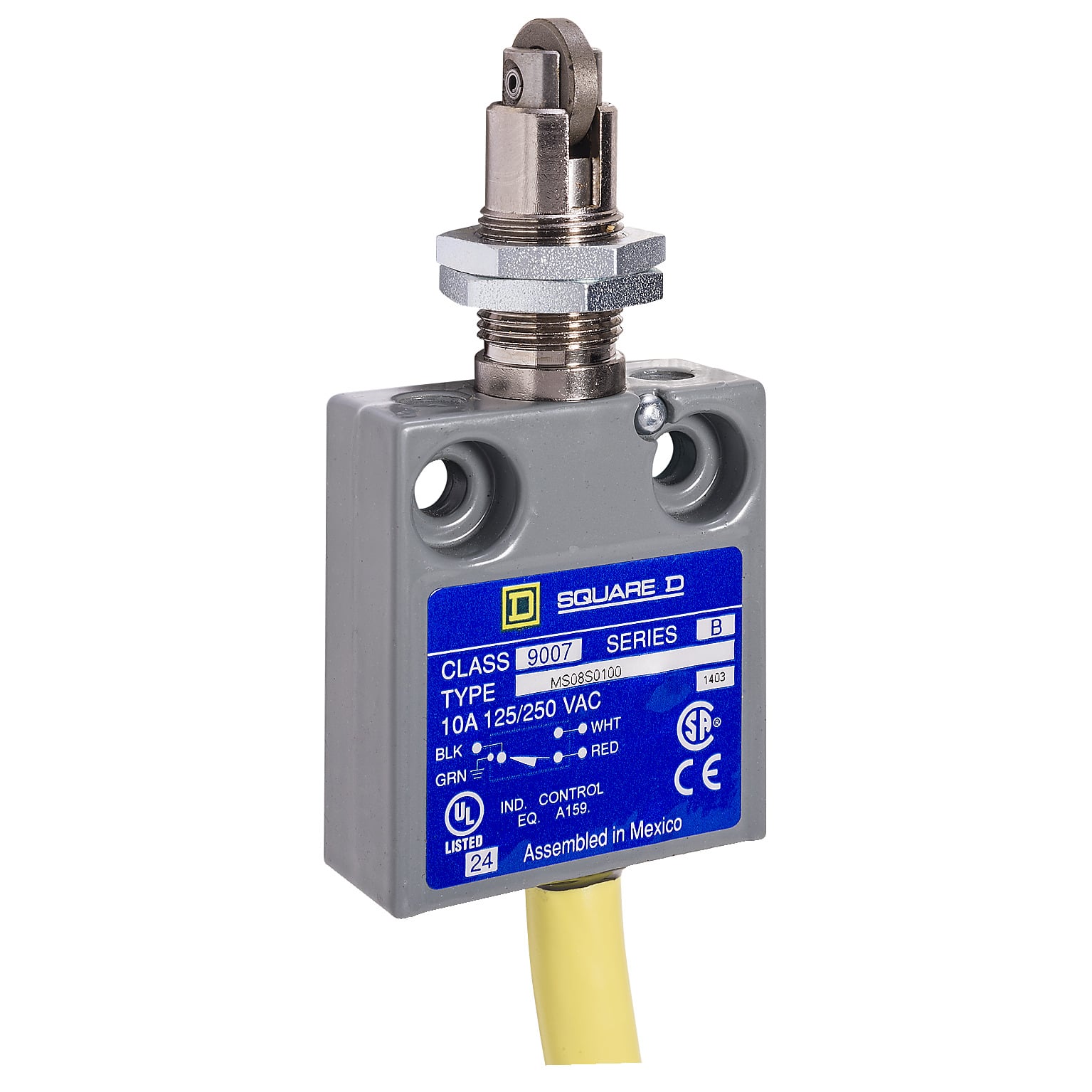 Square D,LIMIT SWITCH 240VAC 10AMP MS +OPTIONS,#18 AWG SJTO Cable (Yellow) 3 Feet,-40...220 F,10 A,240Vac/28Vdc,9007,fixed,limit switch,plunger head,9007MS/ML,miniature potted,plunger head,NC-NO,NEMA 1/2/4/6/6P/12/13 IP 67,Roller Horizontal - Cross,UL Listed - CSA Certified - CE Marked,fixed,fixed,metal,linear