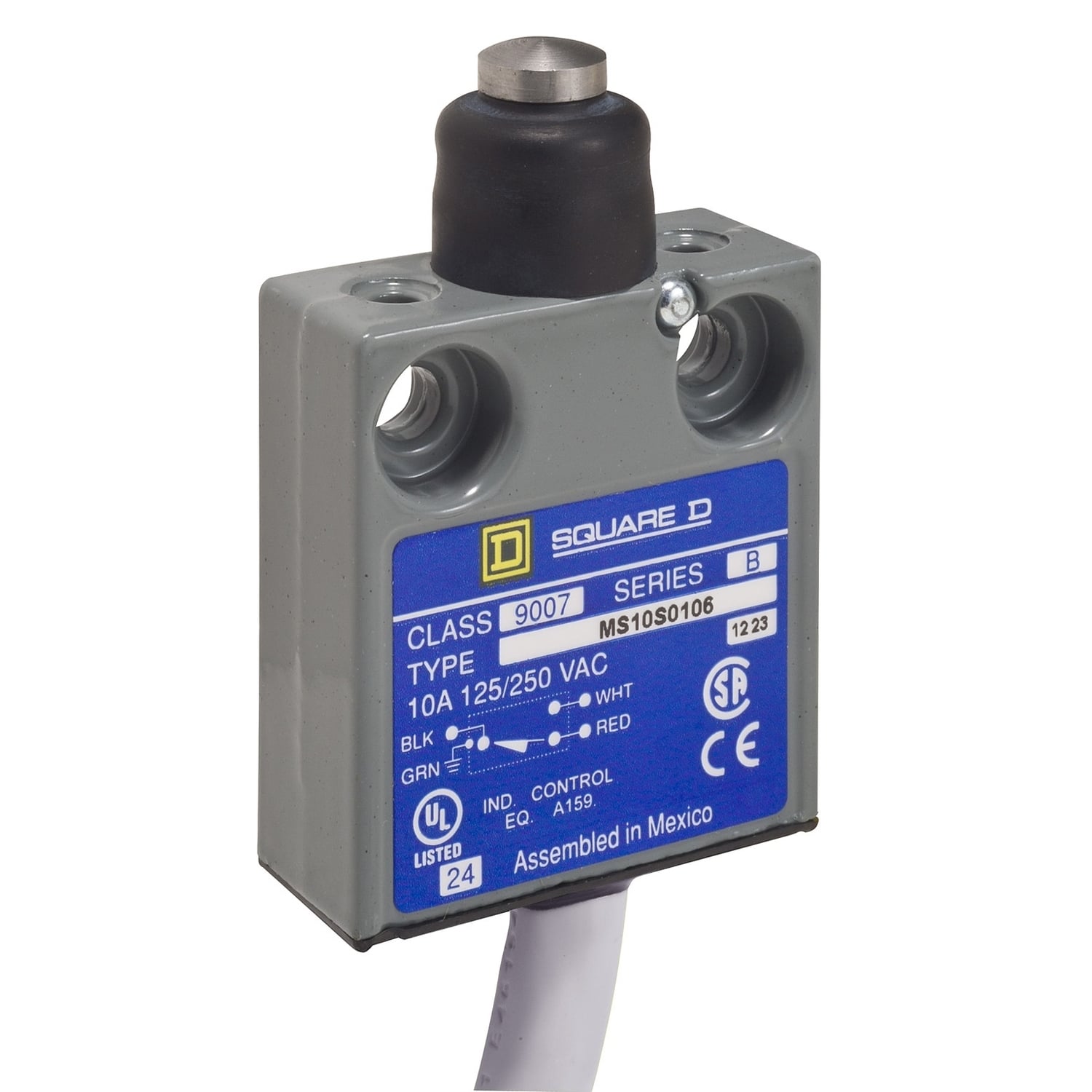 Limit switch, 9007, ms top push plunger, booted, 3' bottom cable
