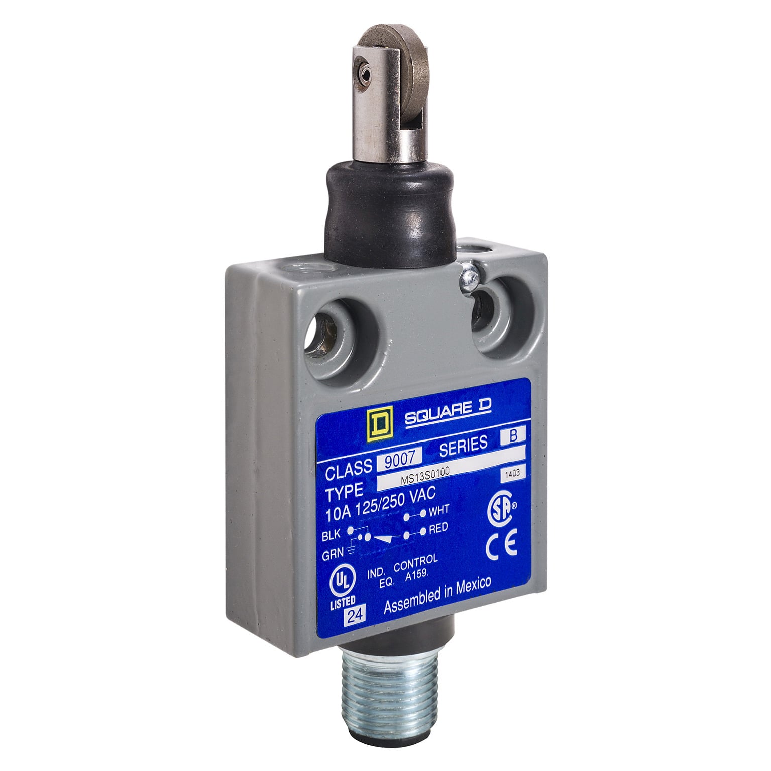 Square D,LIMIT SWITCH 240VAC 10AMP MS +OPTIONS,-40...220 F,240Vac/28Vdc,3 A,4 Pin(Male) Micro Connector (DC Type) No Cable,9007,fixed,limit switch,plunger head,9007MS/ML,miniature potted,plunger head,Booted Roller Horizontal - Cross,NC-NO,NEMA 1/2/4/6/6P/12/13 IP 67,UL Listed - CSA Certified - CE Marked,fixed,fixed,metal,linear