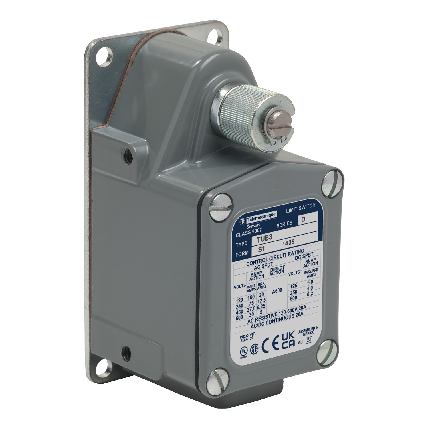 LIMIT SWITCH 600VAC 12AMP T +OPTIONS,-10F to 185F (-23C to 85C),0.5 Inch NPT Conduit Entrance Screw Clamp,20A,600V,Form Z  Single Pole DT-DB,Ideal for applications requiring extra heavy duty contact ratings and/or higher operating and reset forces.,Lever Arm (purchase separately) CW and CCW,Mill Limit Switch,NEMA 1, 2, 4, 12, 13 IP65, 66, 67,NEMA A600/P600,UL Listed, CSA Certified, CE Marked