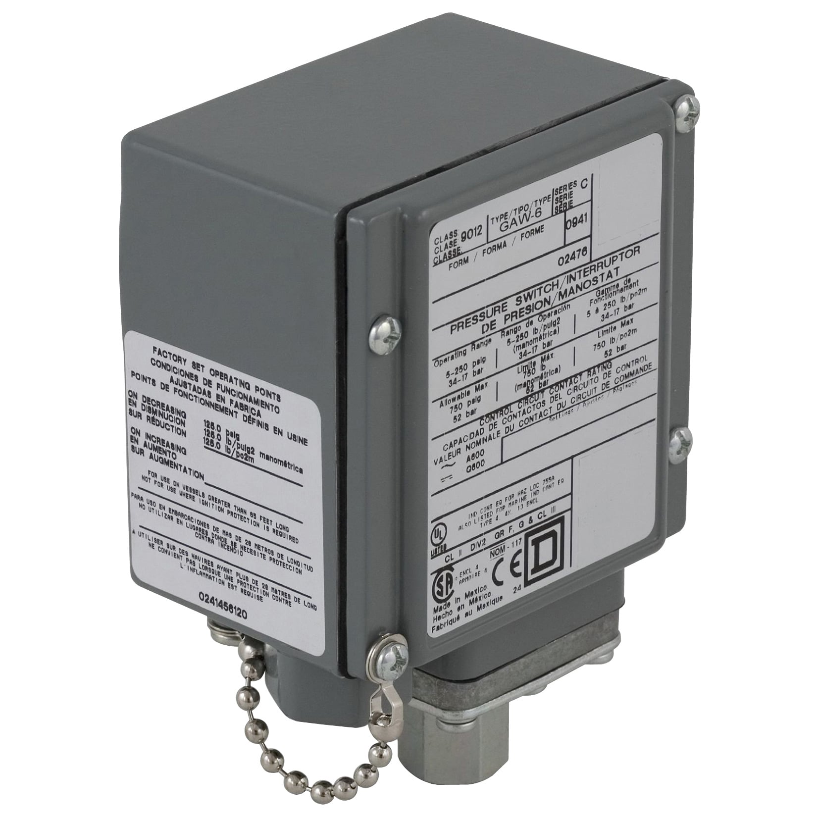 9012G, pressure switch 9012 g, adjustable scale, 2 thresholds, 1.0 to 40 PSIG