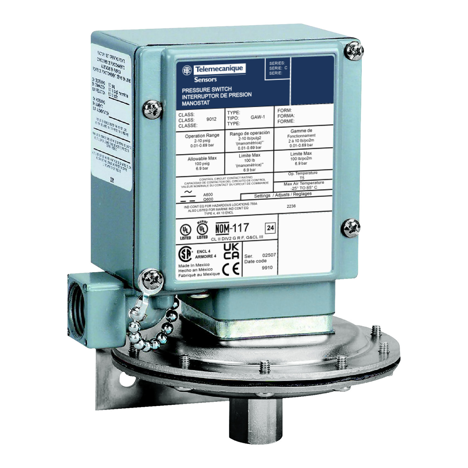 Pressure switch 9012G, adjustable scale, 2 thresholds, 0.2 to 10 PSIG