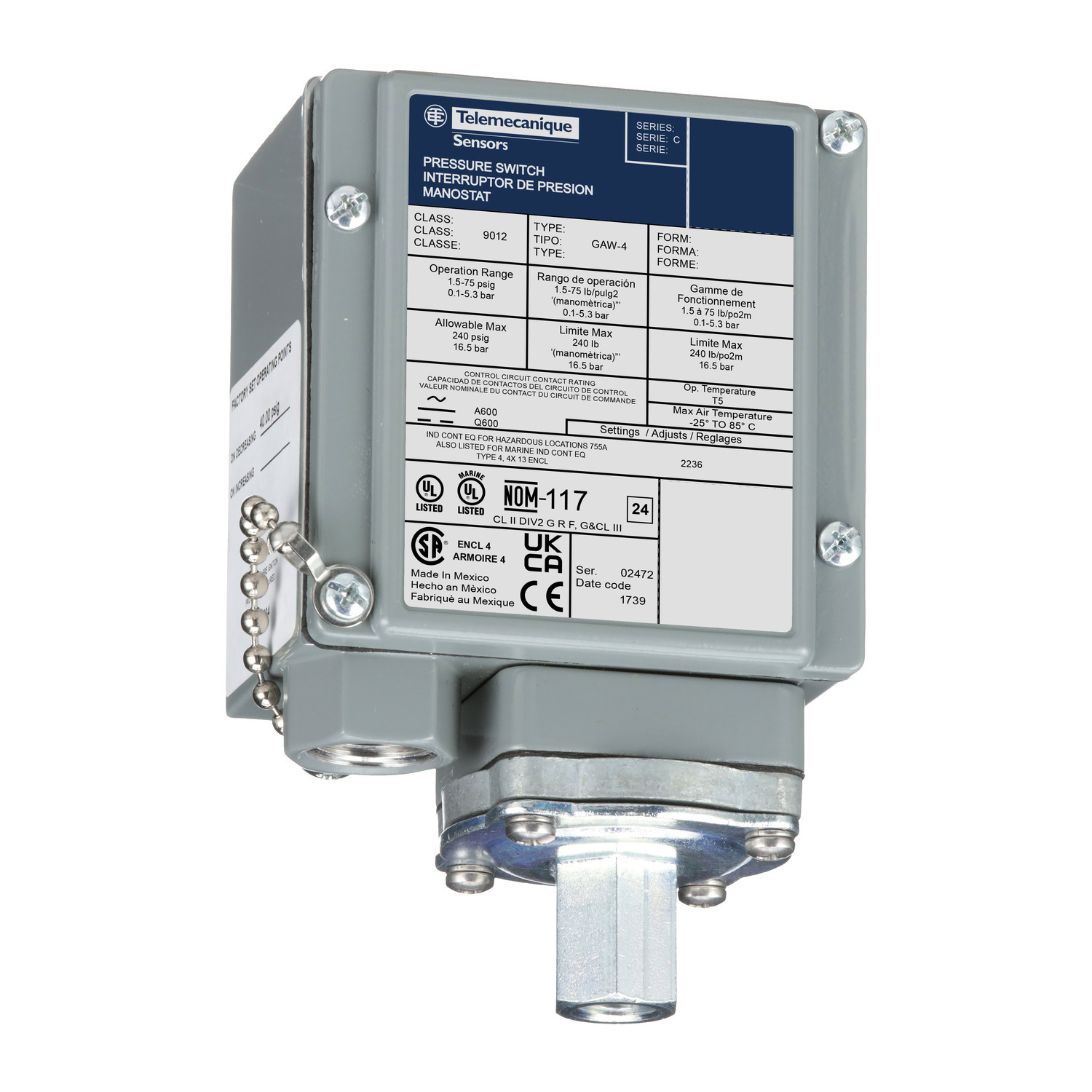 9012GAW4 Electro-Mechanical Pressure Switch, 1.5 to 75 psi Pressure, 3.5 to 15 psi Differential, 1CO SPDT-DB Contact, Screw Clamp Connection, 6 A at 120 V AC/0.27 A at 250 V DC Contact
