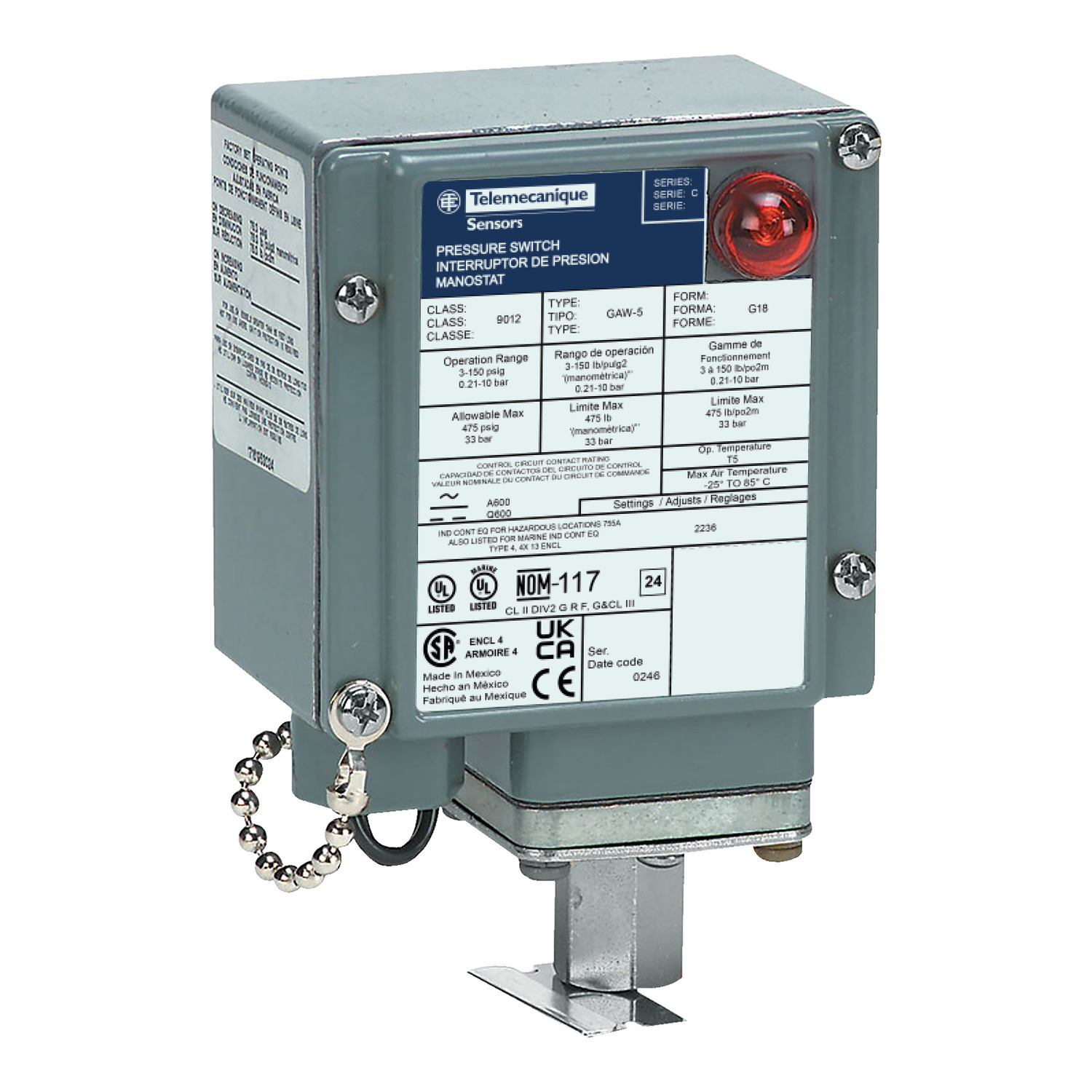 Pressure switch 9012G, adjustable scale, 2 thresholds, 3.0 to 150 PSIG