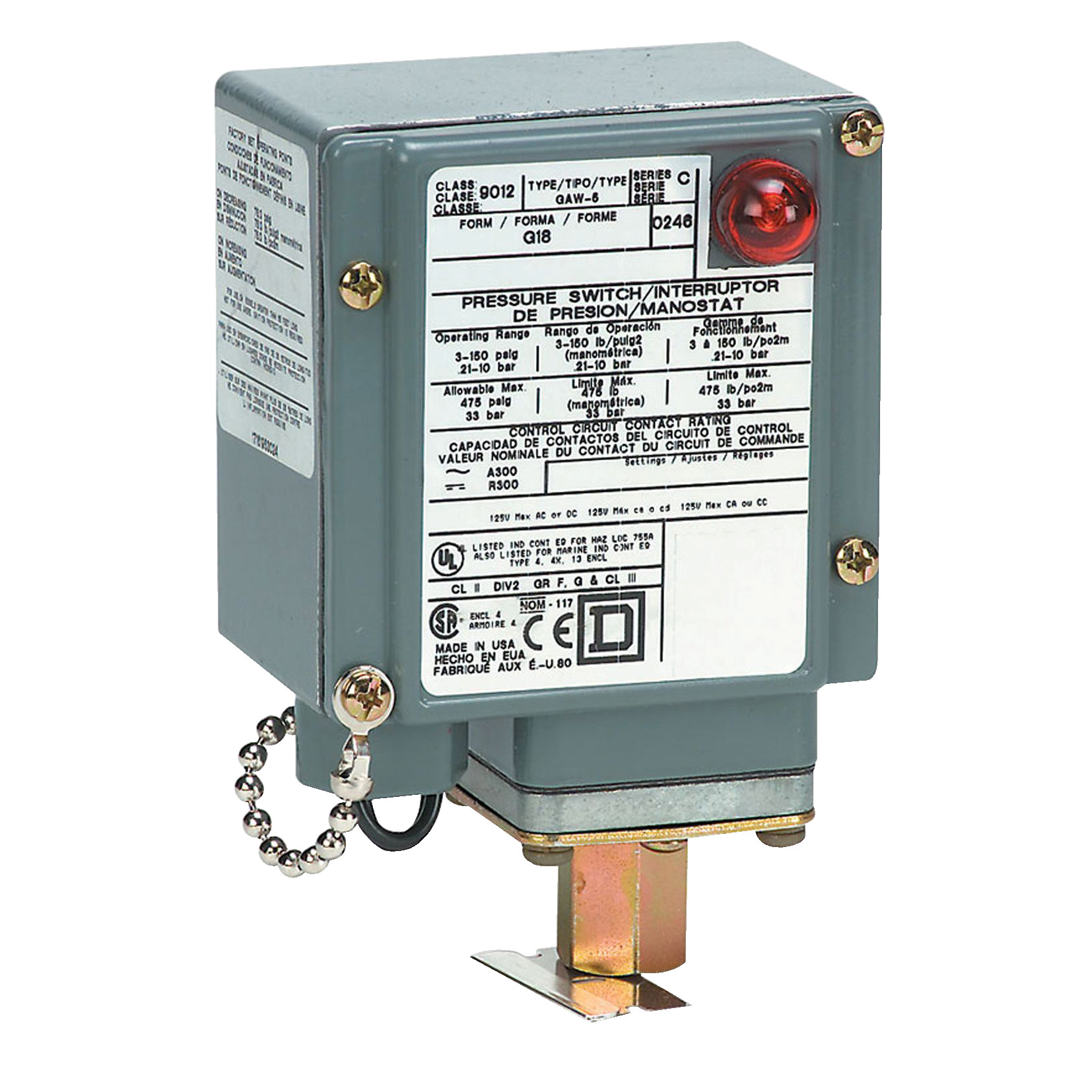 Square D,PRESSURE SWITCH 480VAC 10AMP G +OPTIONS,-10...185 F,0.25 inch 18 NPTF conforming to UL 508,0.5 inch NPT conduit entrance,120 operating cycles per minute (max),150 psi,3...150 psi,Fixed Differential,NEMA 4/4X/13,Pressure Switch,SPDT (isolated),Single Stage,UL, CSA, IEC, CE-marked,Water tight, Dust tight, Oil tight and Corrosion Resistant (Indoor/Outdoor),air-non-corrosive gas-hydraulic oil (-40...250 F)-non-corrosive liquids