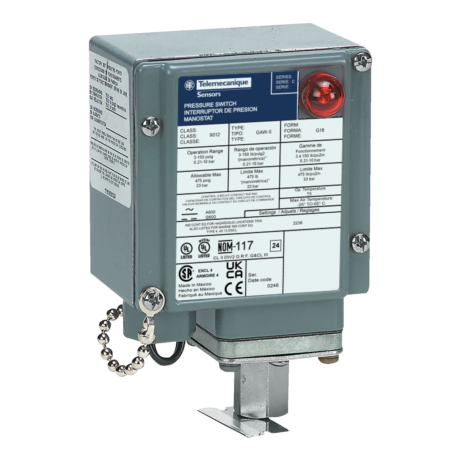 Pressure switch 9012G, fixed scale, 1 threshold, 5.0 to 250 PSIG