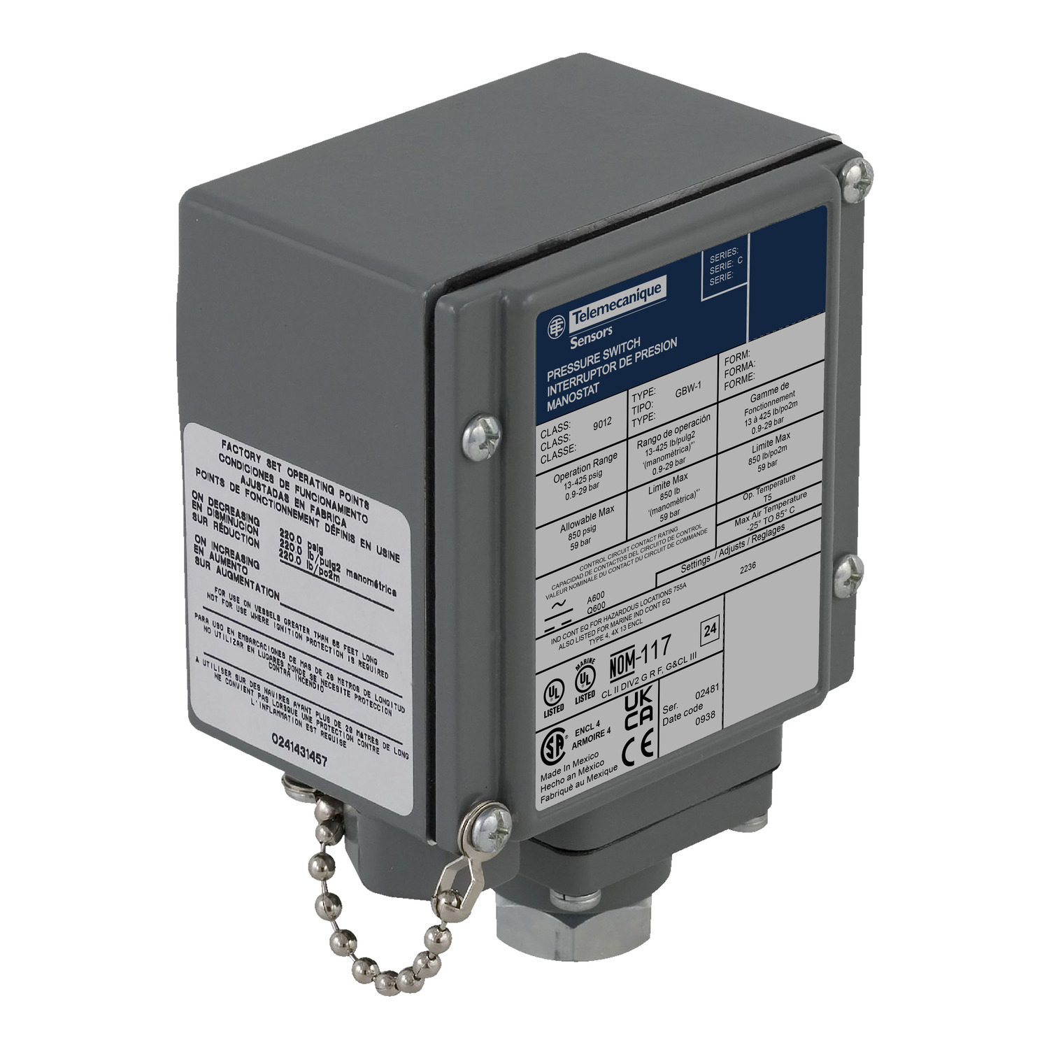 Pressure switch 9012G, fixed scale, 1 threshold, 13 to 425 PSIG