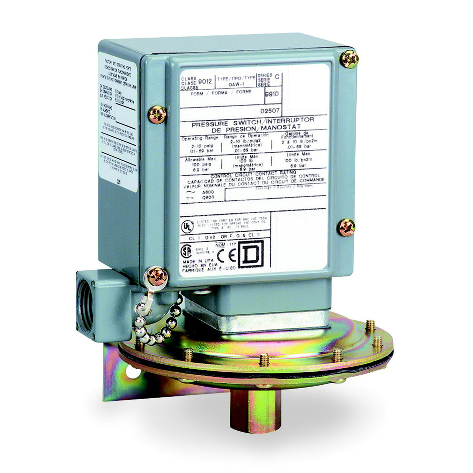 Square D,PRESSURE SWITCH 480VAC 10AMP G +OPTIONS,-10...185 F,0.2...10 psi,0.25 inch 18 NPTF conforming to UL 508,0.5 inch NPT conduit entrance,10 psi,120 operating cycles per minute (max),Dual Stage,NEMA 4/4X/13,Pressure Switch,SPDT (isolated),UL, CSA, IEC, CE-marked,Water tight, Dust tight, Oil tight and Corrosion Resistant (Indoor/Outdoor),air-non-corrosive liquids-non-corrosive gas-hydraulic oil (-40...250 F)