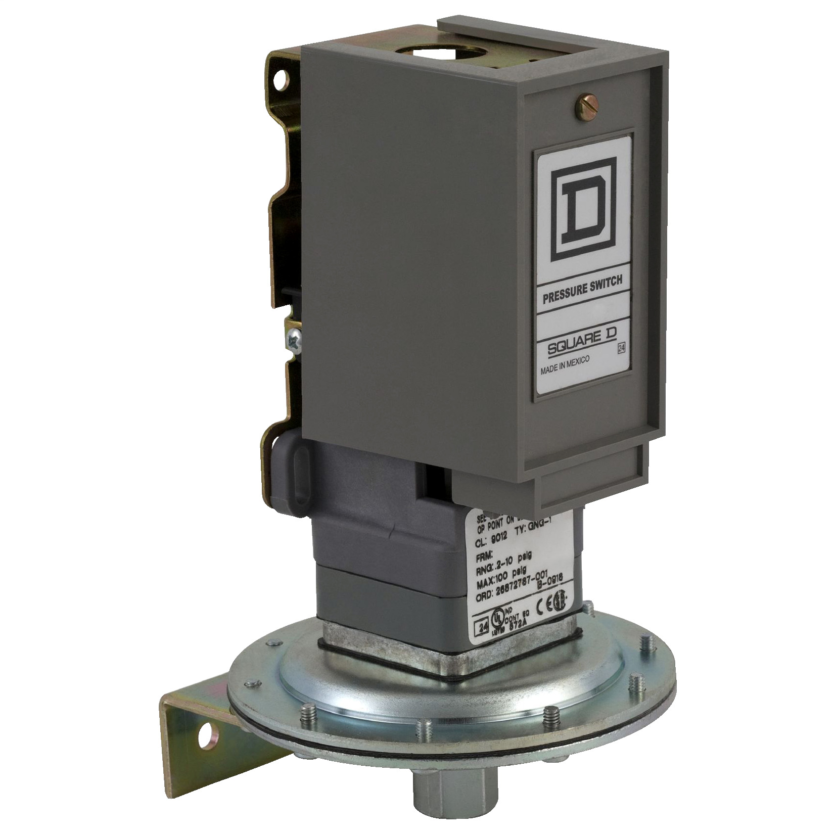 Square D,PRESSURE SWITCH 480VAC 10AMP G +OPTIONS,-10...185 F,0.2...10 psi,0.25 inch 18 NPTF conforming to UL 508,0.5 inch NPT conduit entrance,10 psi,120 operating cycles per minute (max),Fixed Differential,General Purpose (Indoor),NEMA 1,Pressure Switch,SPDT (isolated),Single Stage,UL, CSA, IEC, CE-marked,air-hydraulic oil (-40...250 F)-non-corrosive liquids-non-corrosive gas