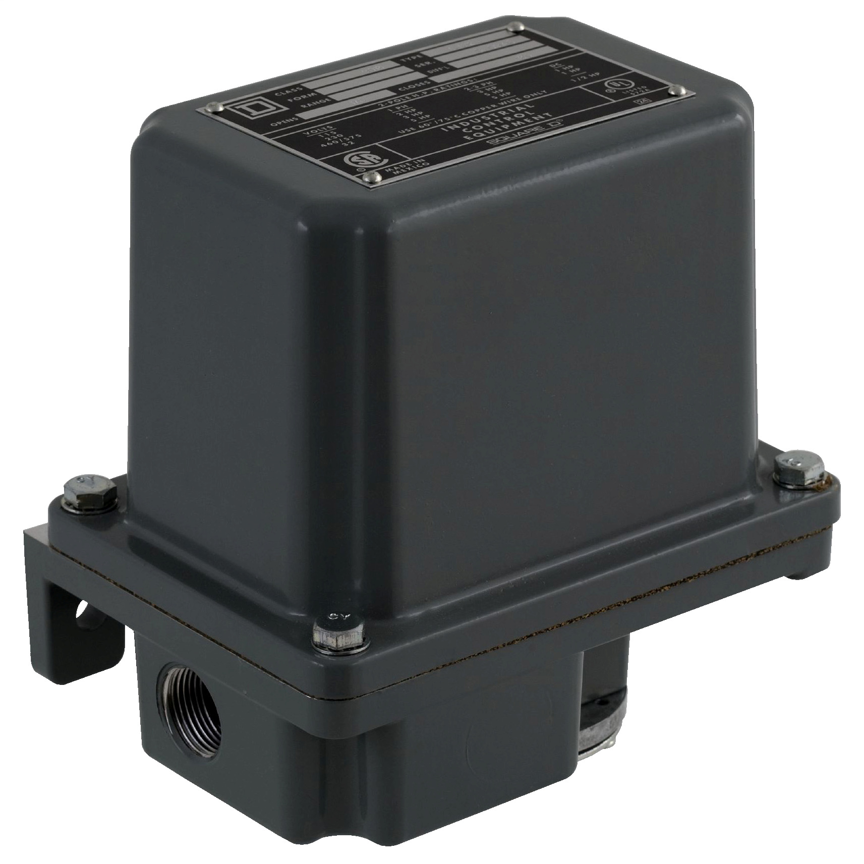 Square D,PRESSURE SWITCH 575VAC 5HP G +OPTIONS,-,0.25 inch NPSF internal conforming to UL 508,20...40 psi,20...80 psi,30...50 psi,80 psi (5...50 psi),5 to 50 PSIG,DPST,NEMA 4,Pressure Switch,Pumptrol,Screw Clamp,UL listed, CSA,Water tight and Dust tight (Indoor/Outdoor),control electrically driven water pumps and air compressors,fresh water (-22...257 F)-air (-22...257 F)