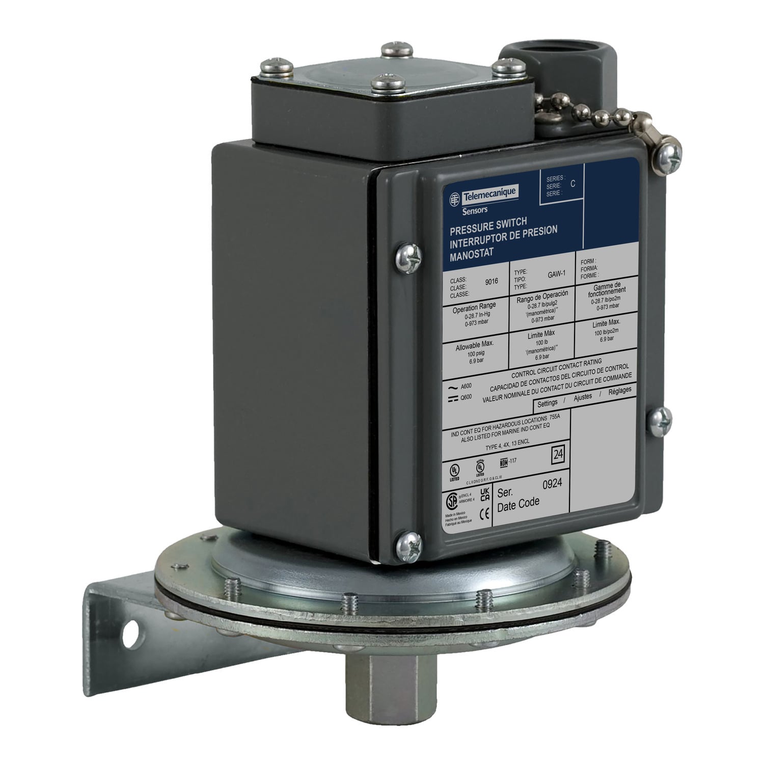 Vacuum switch, 9016G, electromechanical,  adjustable scale, 2 thresholds, Set 0 to 28.7InHg