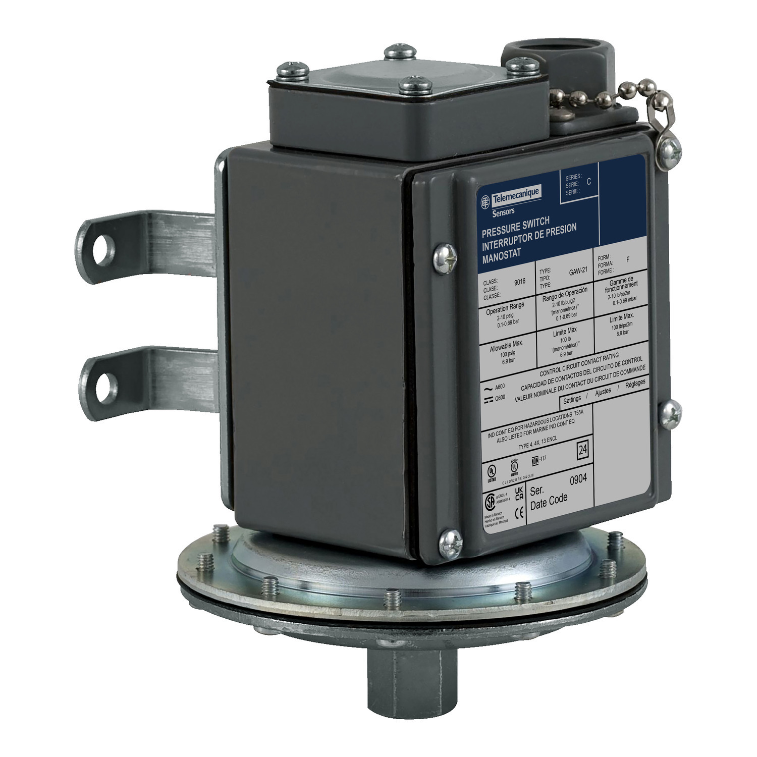 Electromechanical vacuum switch, 9016G, 9016 g, adjustable scale, 2 thresholds, Set 0 to 23.8 InHg