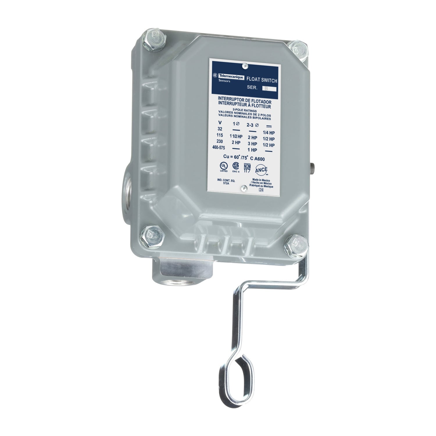float switch, open tank, NEMA 4, pedestal mounted, 2 NC, DPST DB contacts, 1 HP