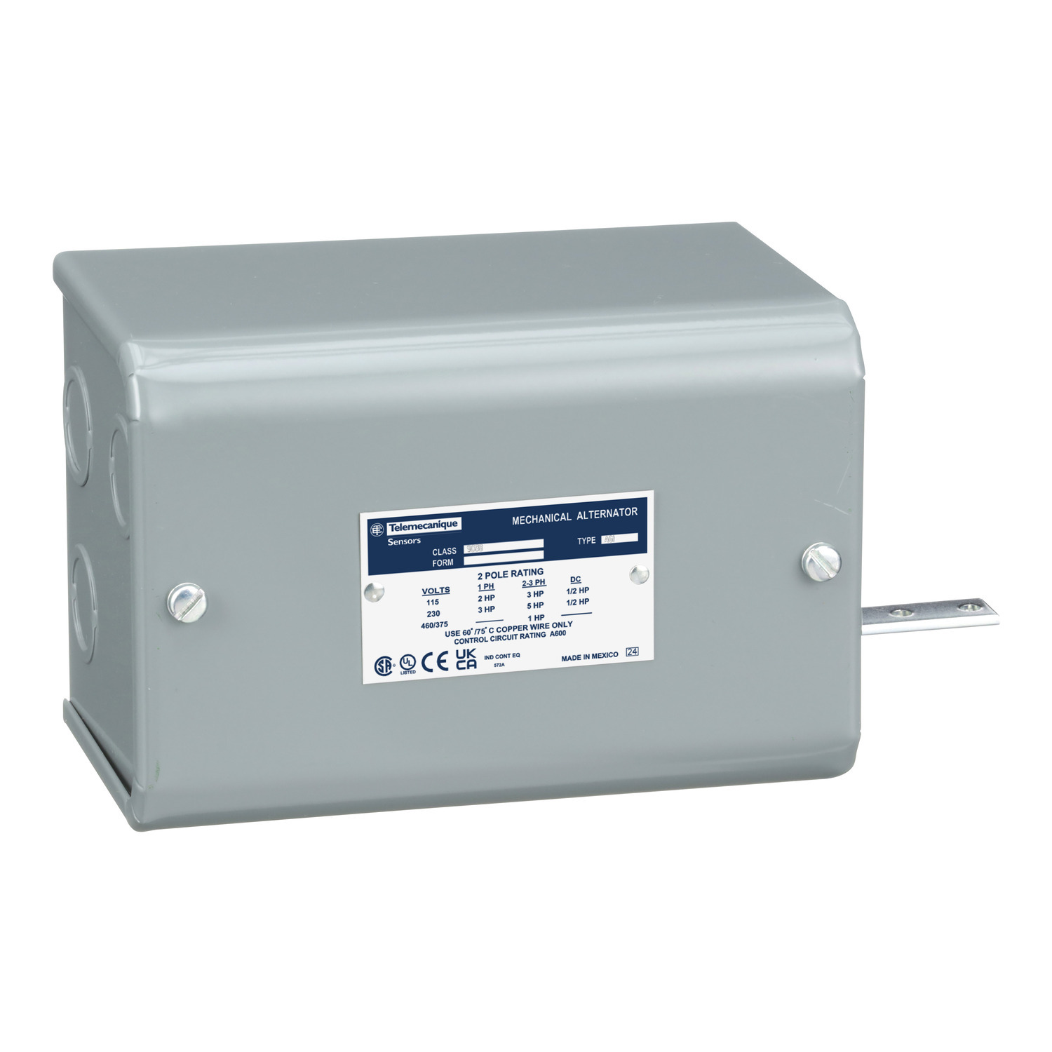 mechanical alternator, open tank, NEMA 1, pedestal mounted, 4 NC, DPST DB contacts, 1 HP
