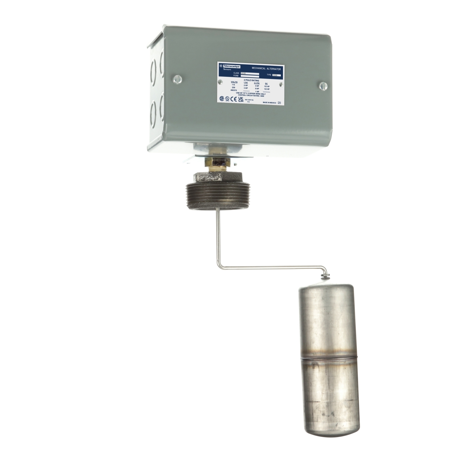 mechanical alternator, closed tank, NEMA 1, screw in bushing, 4 NC, DPST DB contacts, 1 HP