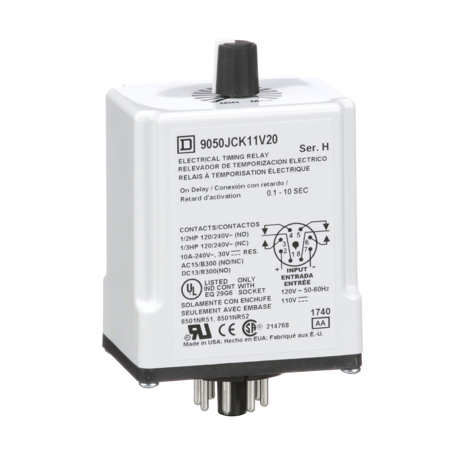 Timing Relay, Type JCK, plug In, on delay, adjustable time, 0.1 to 10 seconds, 10A, 240 VAC, 120 VAC/110 VDC