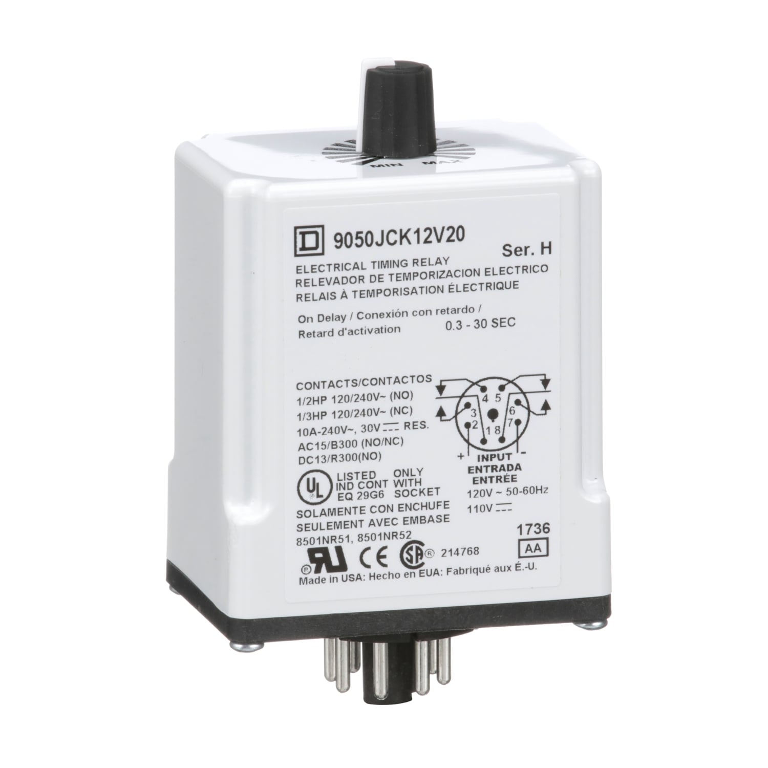 Timing Relay, Type JCK, plug In, on delay, adjustable time, 0.3 to 30 seconds, 10A, 240 VAC, 120 VAC/110 VDC