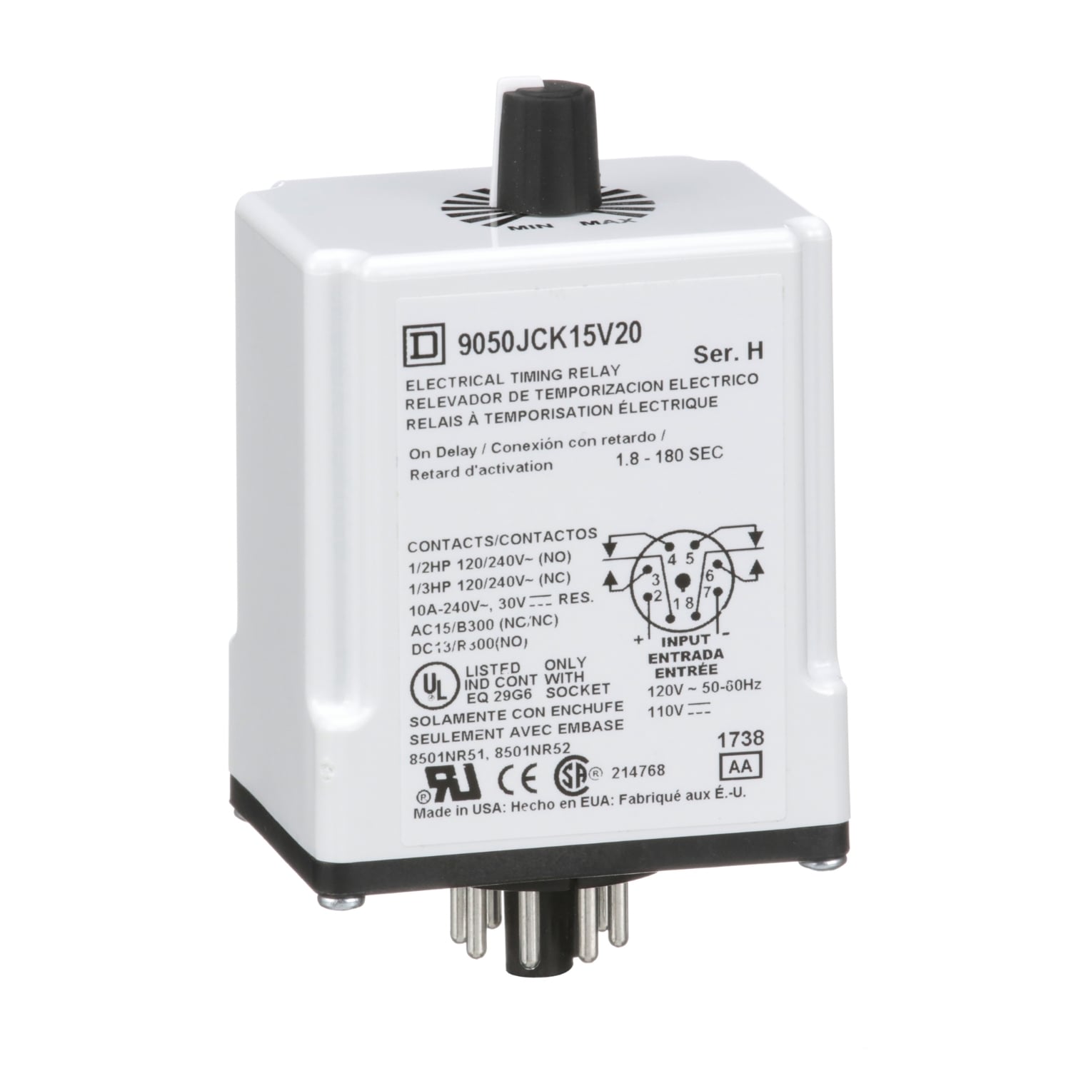 Timing Relay, Type JCK, plug In, on delay, adjustable time, 1.8 to 180 seconds, 10A, 240 VAC, 120 VAC/110 VDC