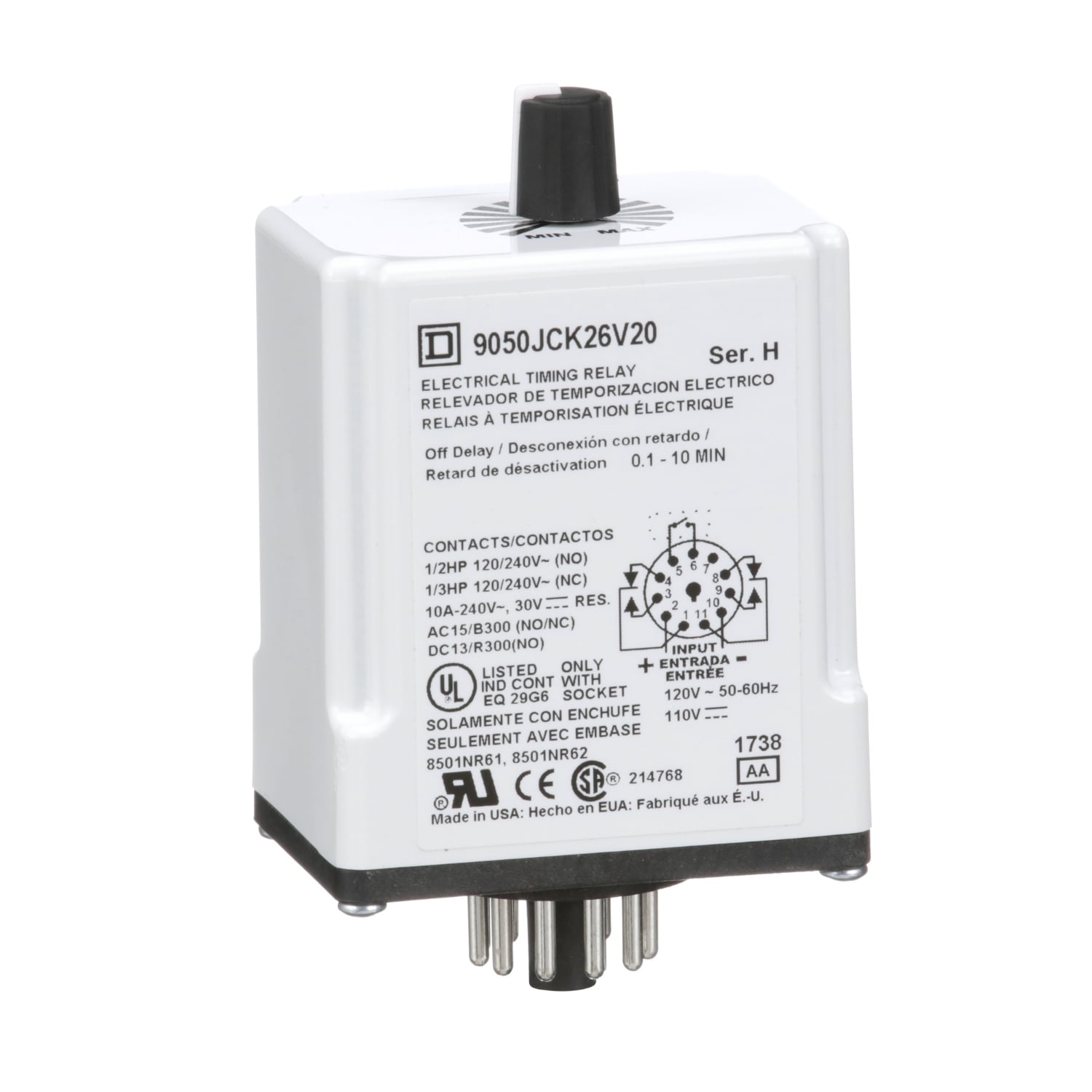 Timer, Harmony 9050 JCK, off delay, adjustable time, 0.1 to 10 minutes, 10A, 240V AC, 120V AC/110V DC