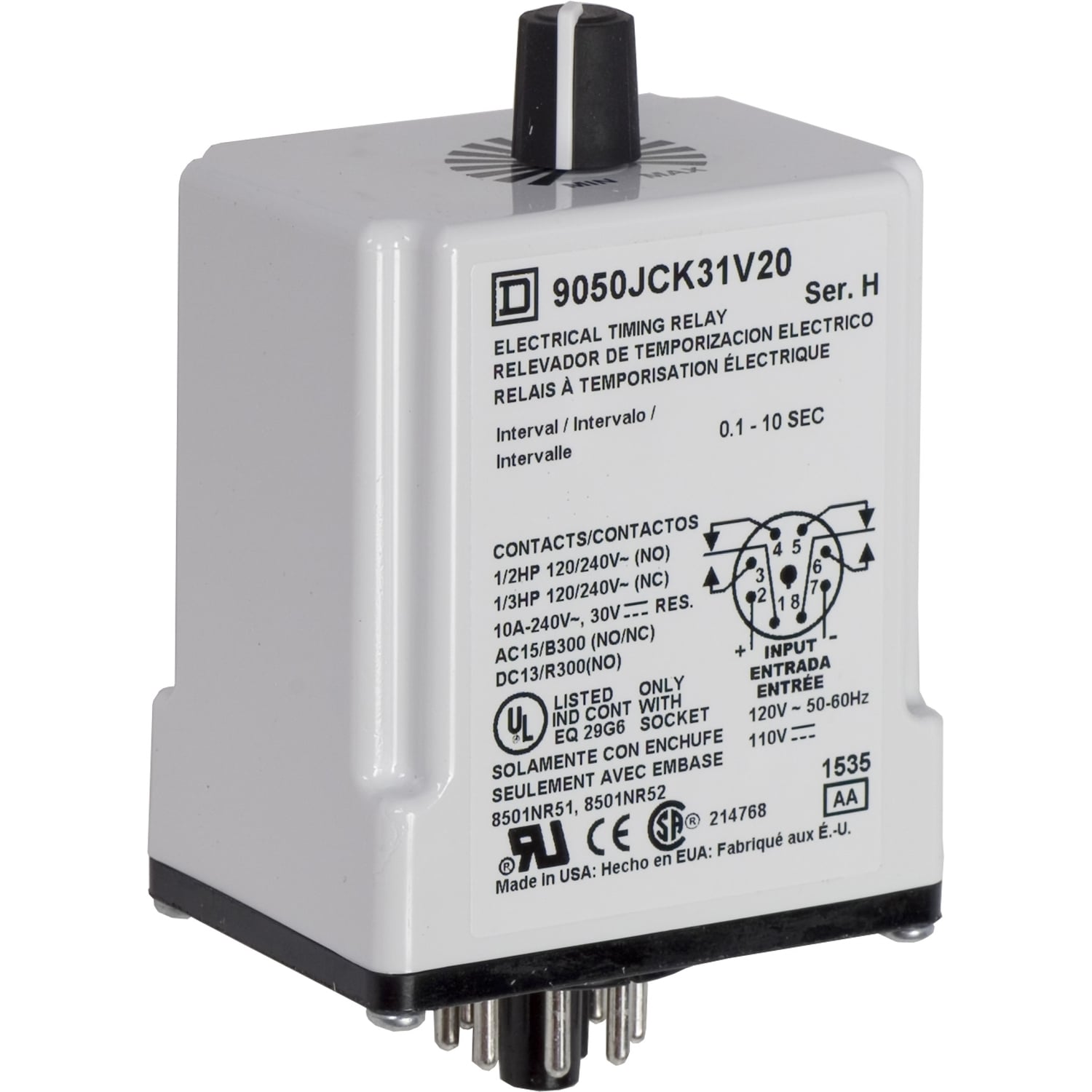Timing Relay, Type JCK, plug In, interval, adjustable time, 0.1 to 10 seconds, 10A, 240VAC, 120VAC/110VDC