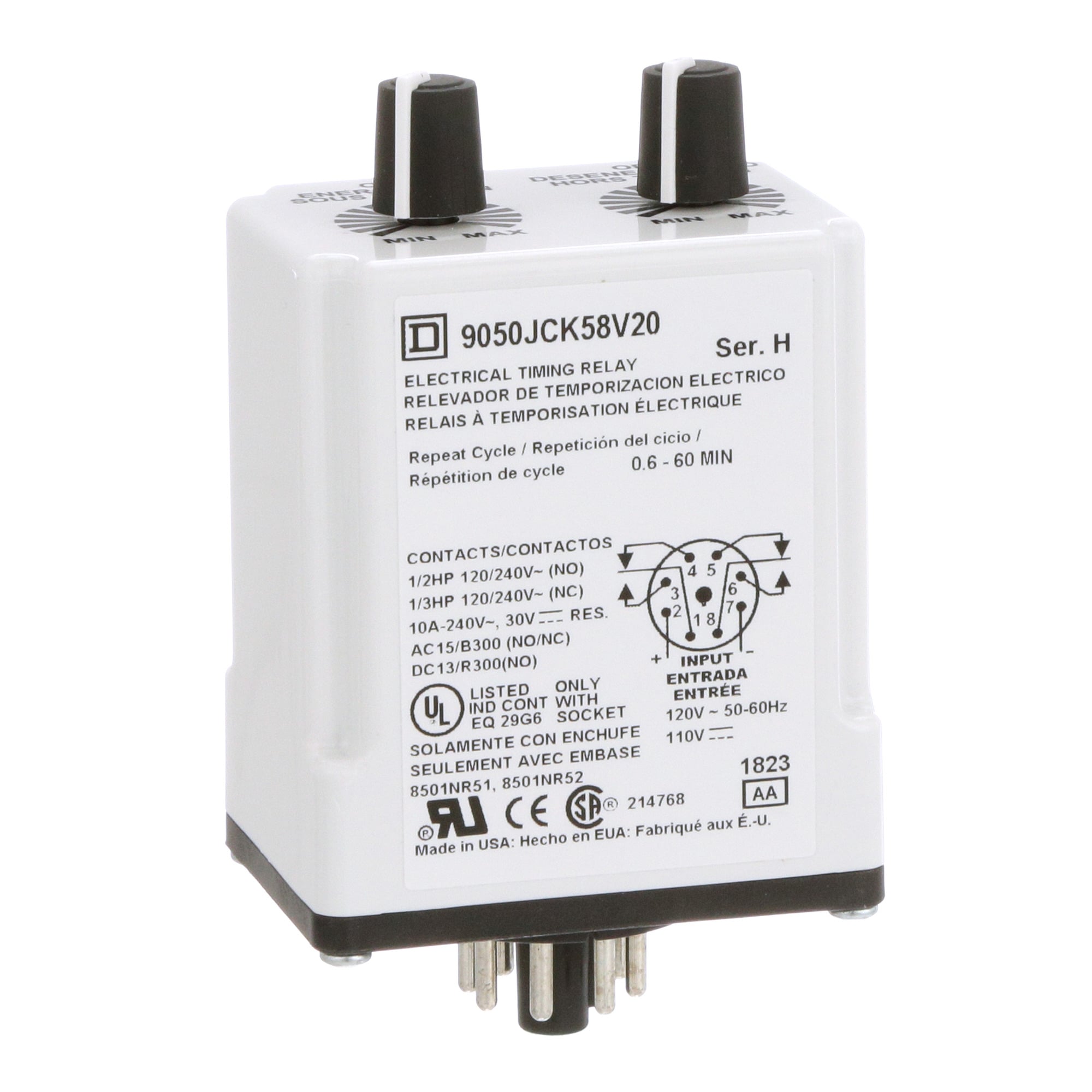 Timing Relay, Type JCK, plug In, repeat cycle, adjustable time, 0.6 to 60 minutes, 10A, 240 VAC, 120 VAC/110 VDC