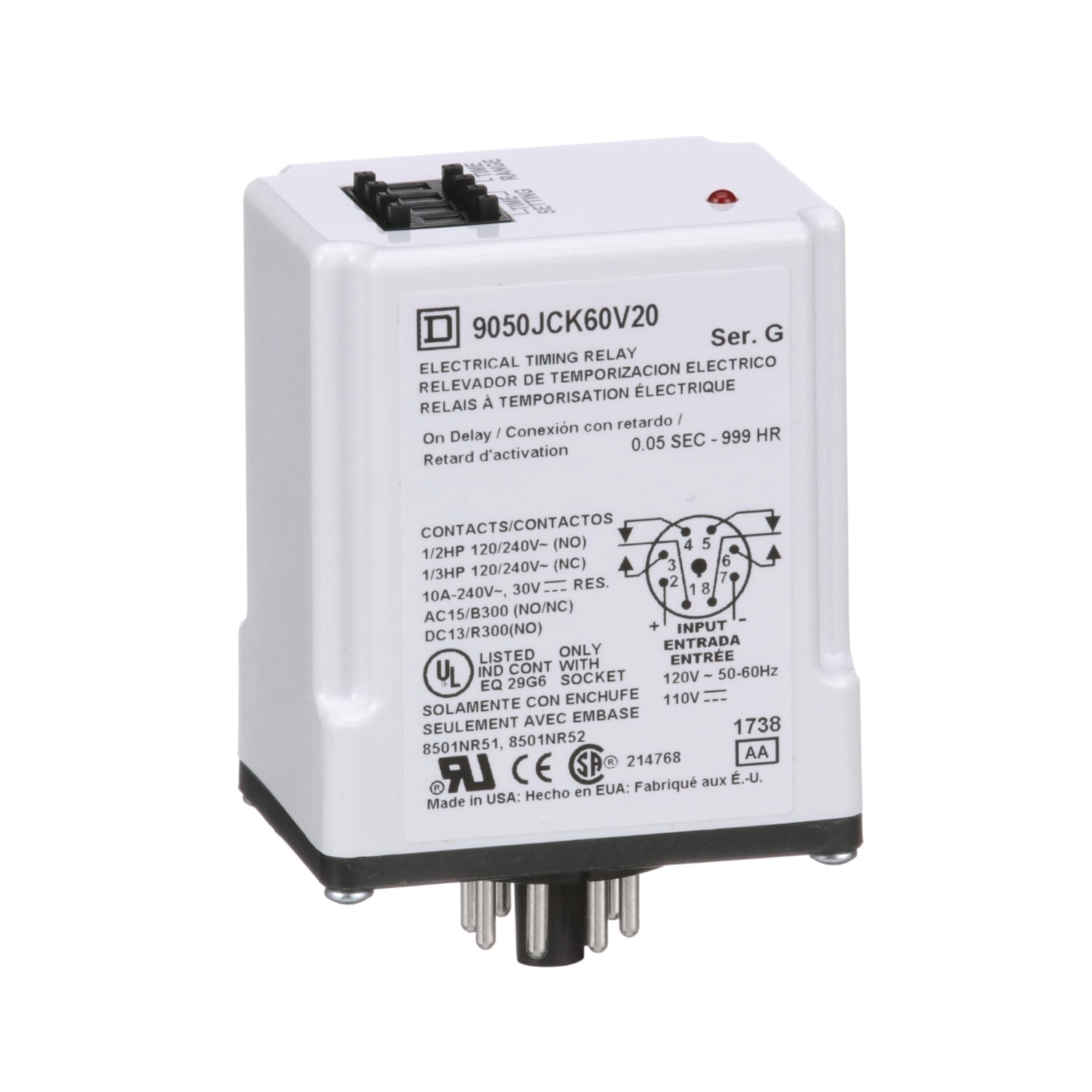 Timing Relay, Type JCK, plug In, on delay, programmable, 0.5 second to 999 hours, 10A, 240 VAC, 120 VAC/110 VDC