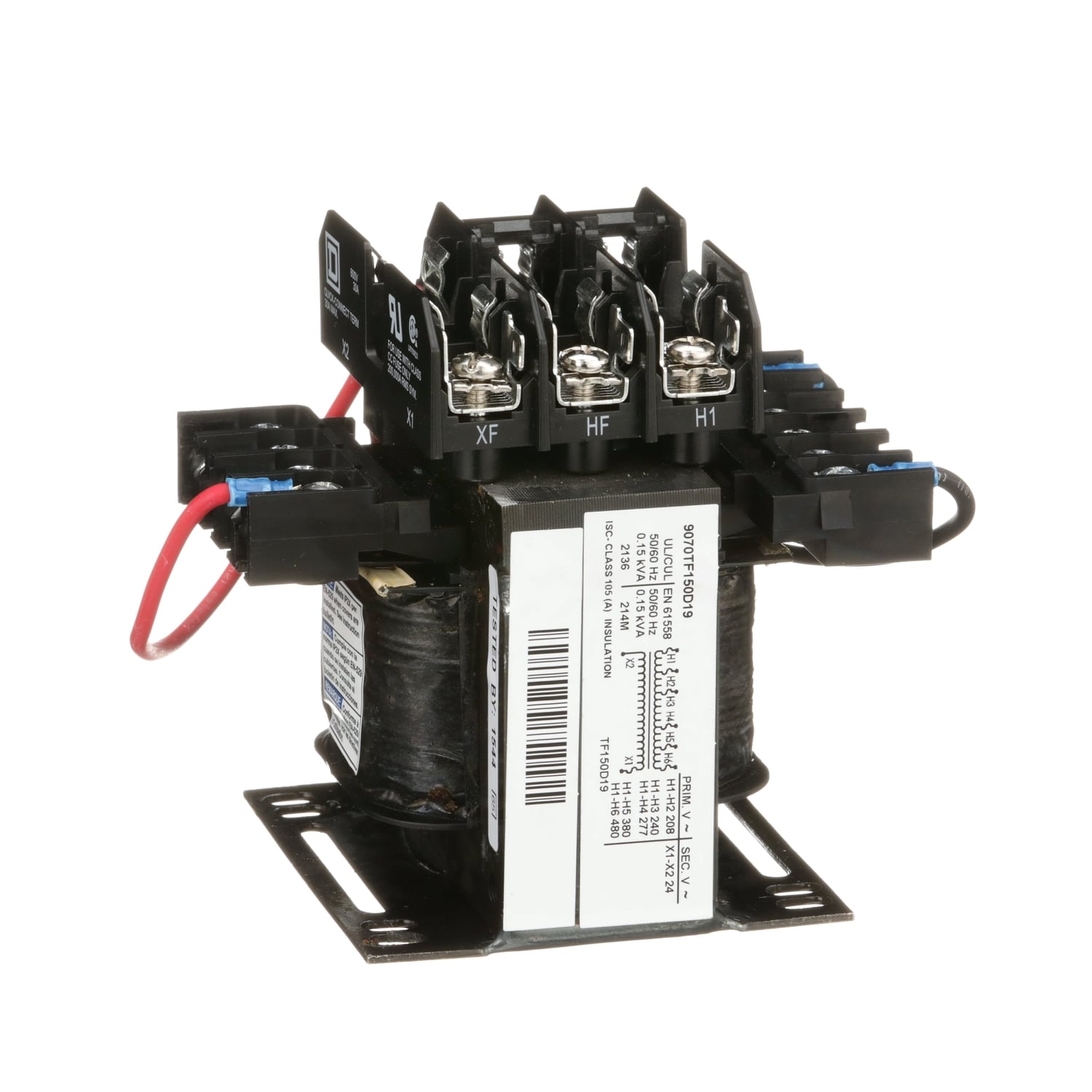 Transformer, Type TF, industrial control, 150VA, 1 phase, 208/240/277/380/480V primary, 24V secondary, 55C rise