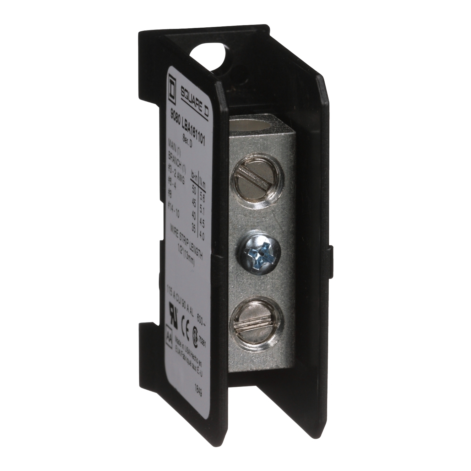 Power distribution block, Linergy, 1 pole, 1 line, 1 load, 115A Cu, 90A Al, 600V