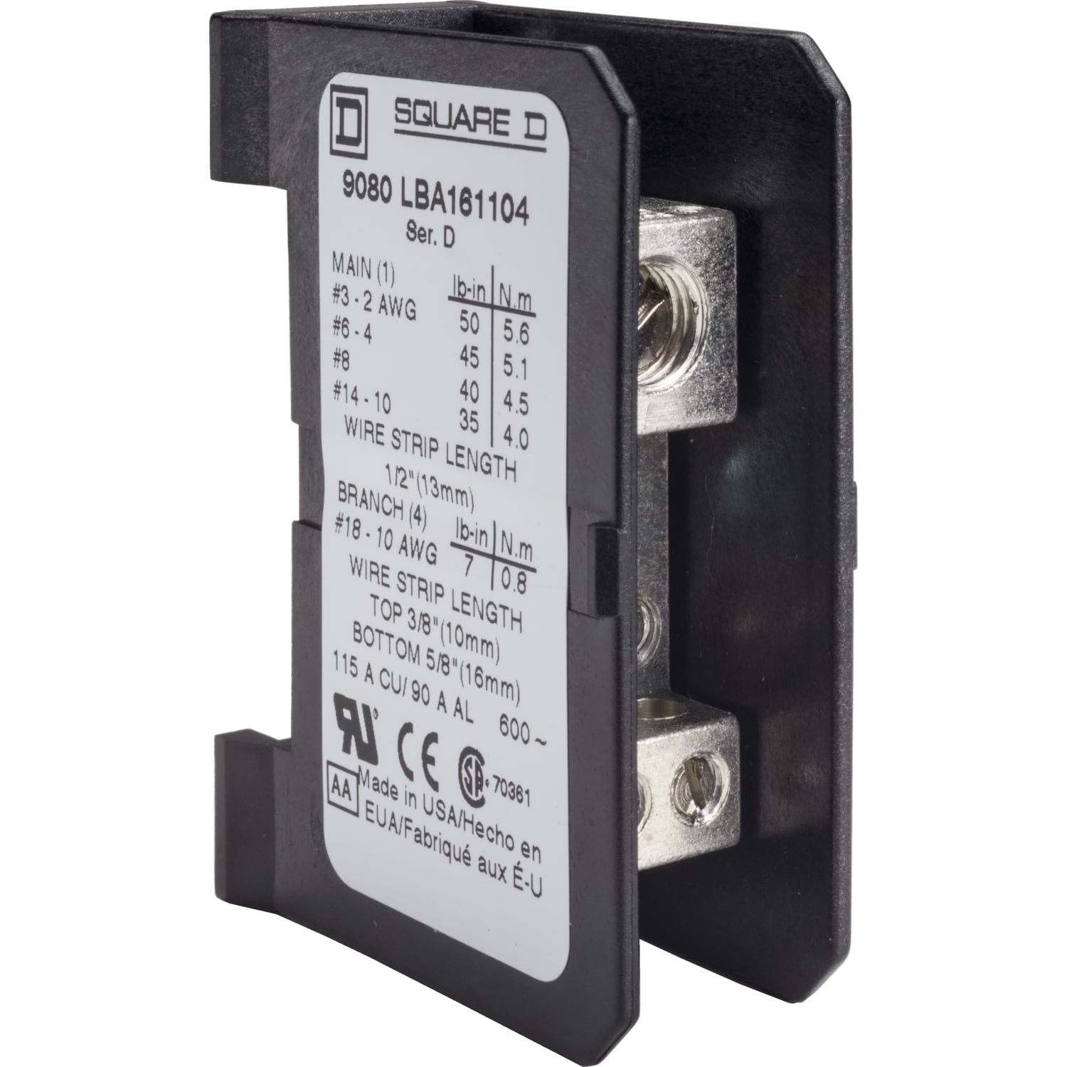Power distribution block, Linergy, 1 pole, 1 line, 4 load, 115A Cu, 90A Al, 600V