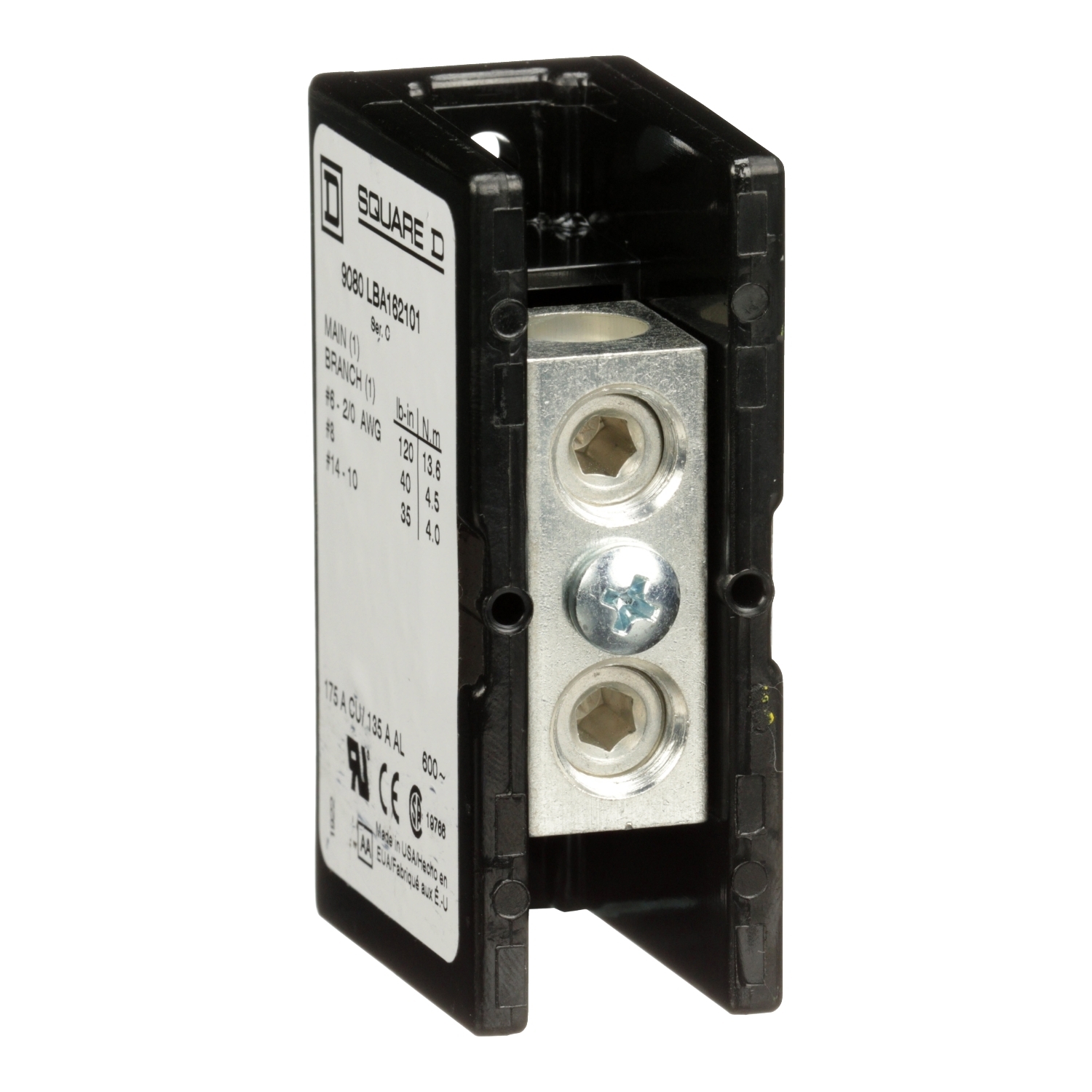 Power distribution block, Linergy, 1 pole, 1 line, 1 load, 175A Cu, 135A Al, 600V