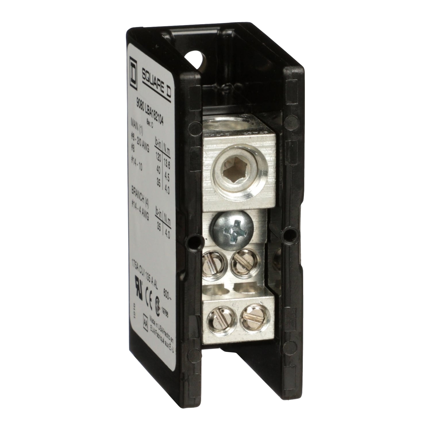 Power distribution block, Linergy, 1 pole, 1 line, 4 load, 175A Cu, 135A Al, 600V