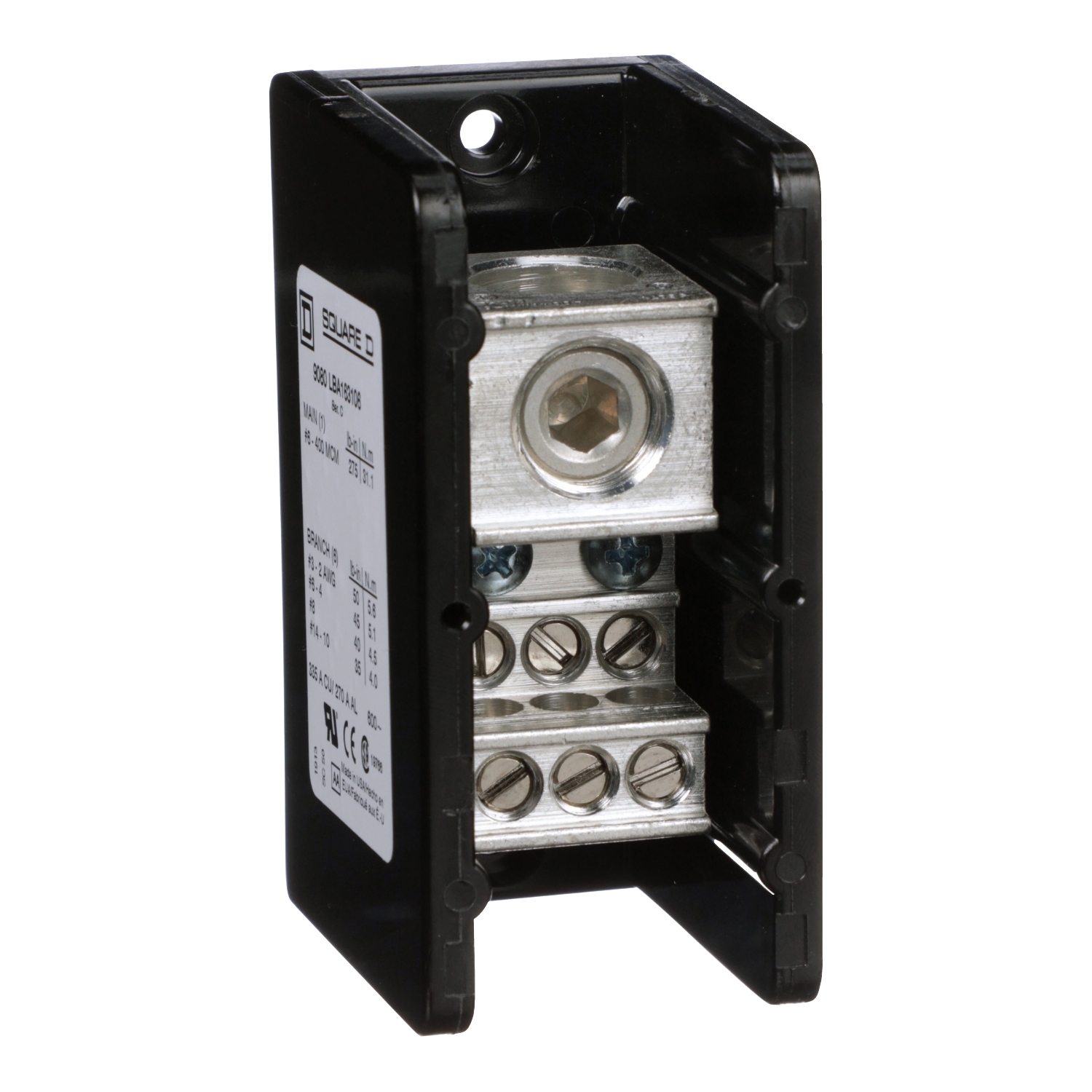 Power distribution block, Linergy, 1 pole, 1 line, 6 load, 335A Cu, 270A Al, 600V