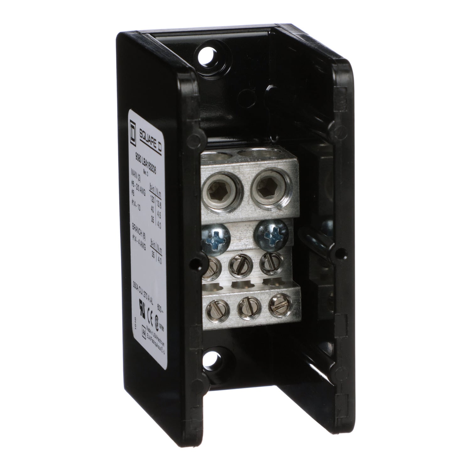 Power distribution block, Linergy, 1 pole, 2 line, 6 load, 350A Cu, 270A Al, 600V