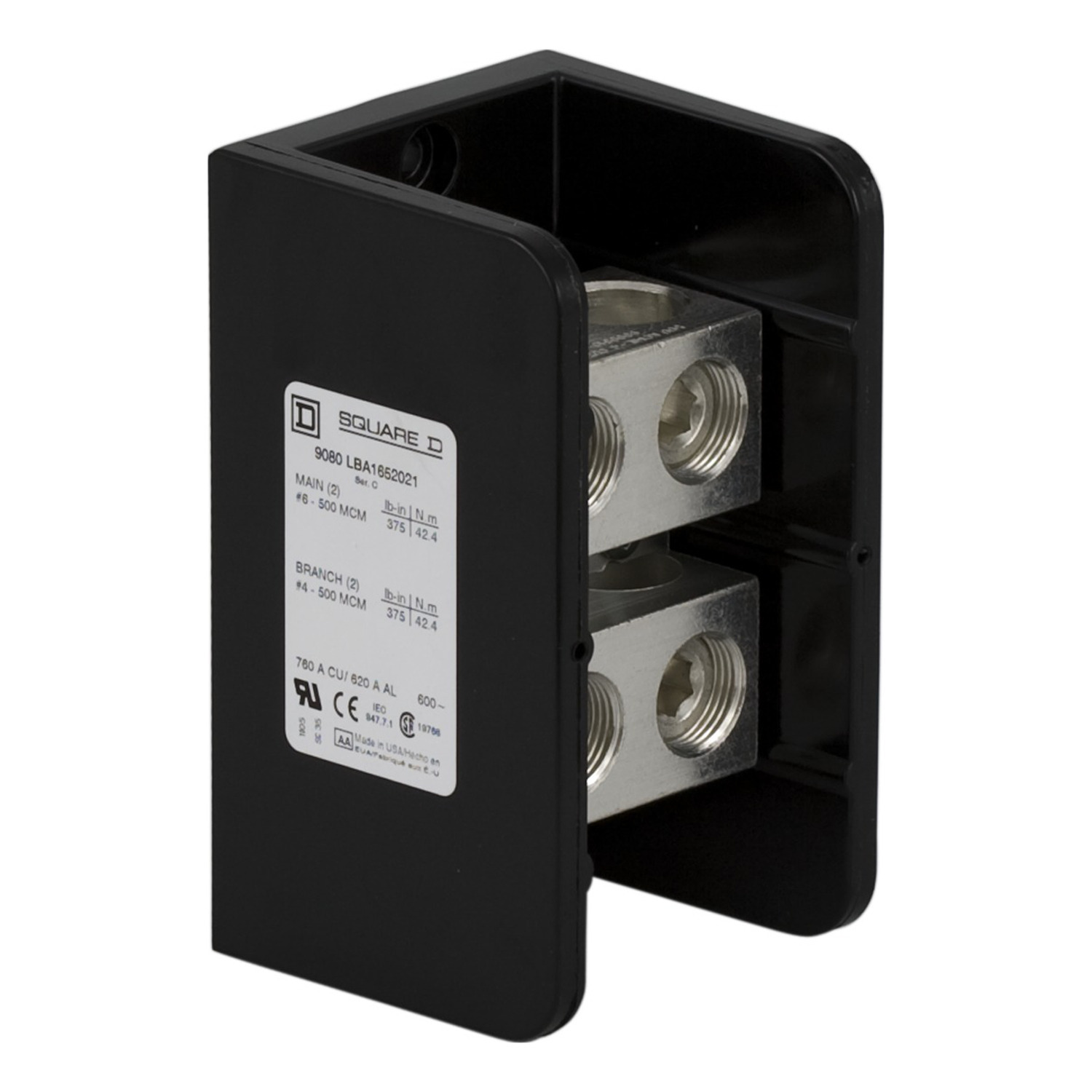 Power distribution block, Linergy, 1 pole, 2 line, 2 load, 620A Cu, 500A Al, 600V