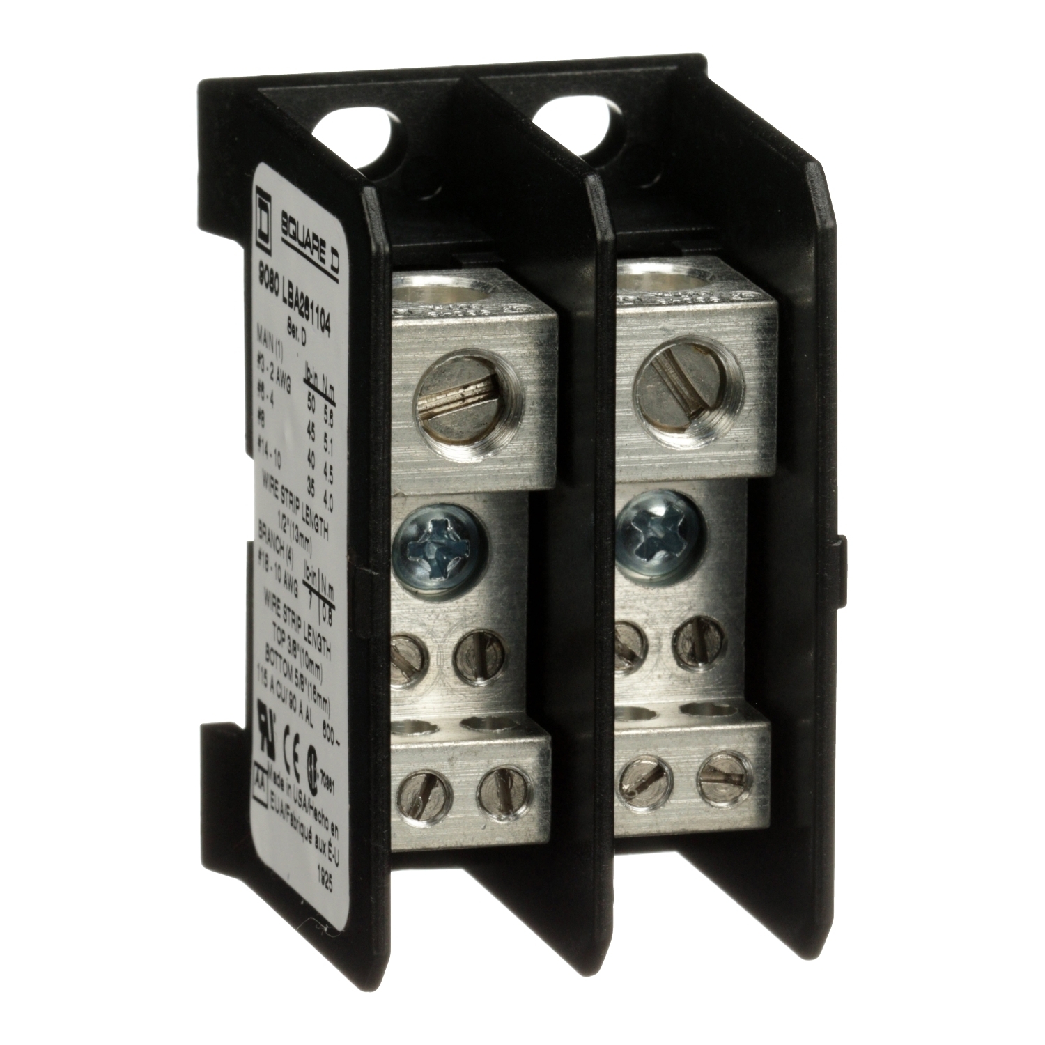 Power distribution block, Linergy, 2 pole, 1 line, 4 load, 115A Cu, 90A Al, 600V