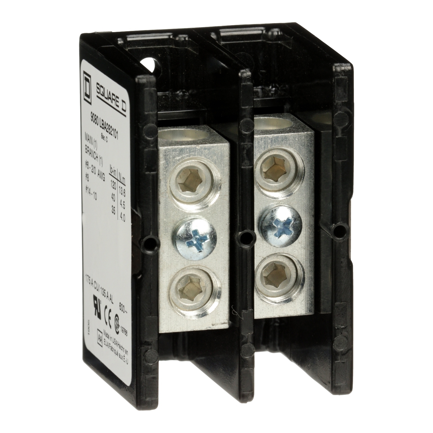 Power distribution block, Linergy, 2 pole, 1 line, 1 load, 175A Cu, 135A Al, 600V