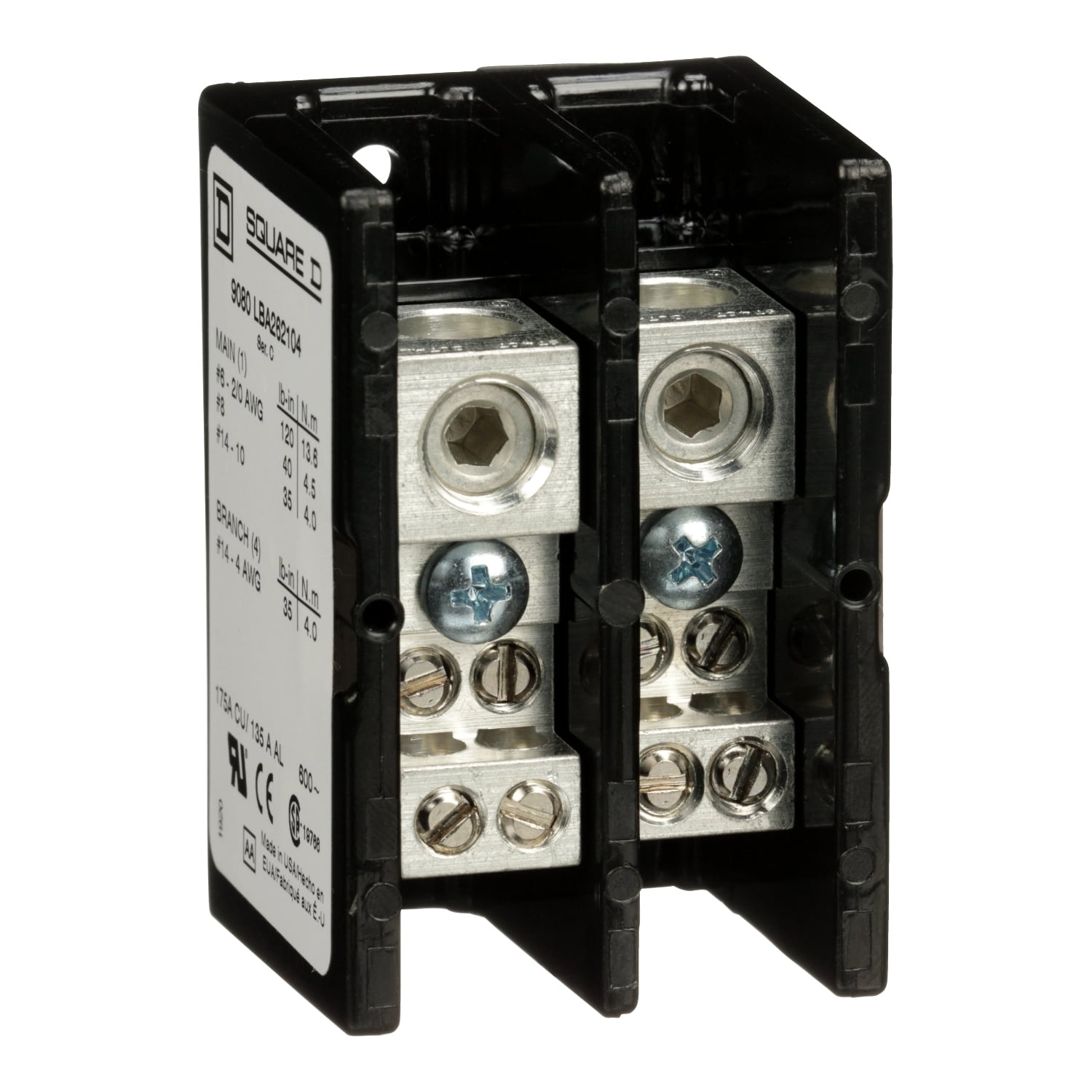 Power distribution block, Linergy, 2 pole, 1 line, 4 load, 175A Cu, 135A Al, 600V