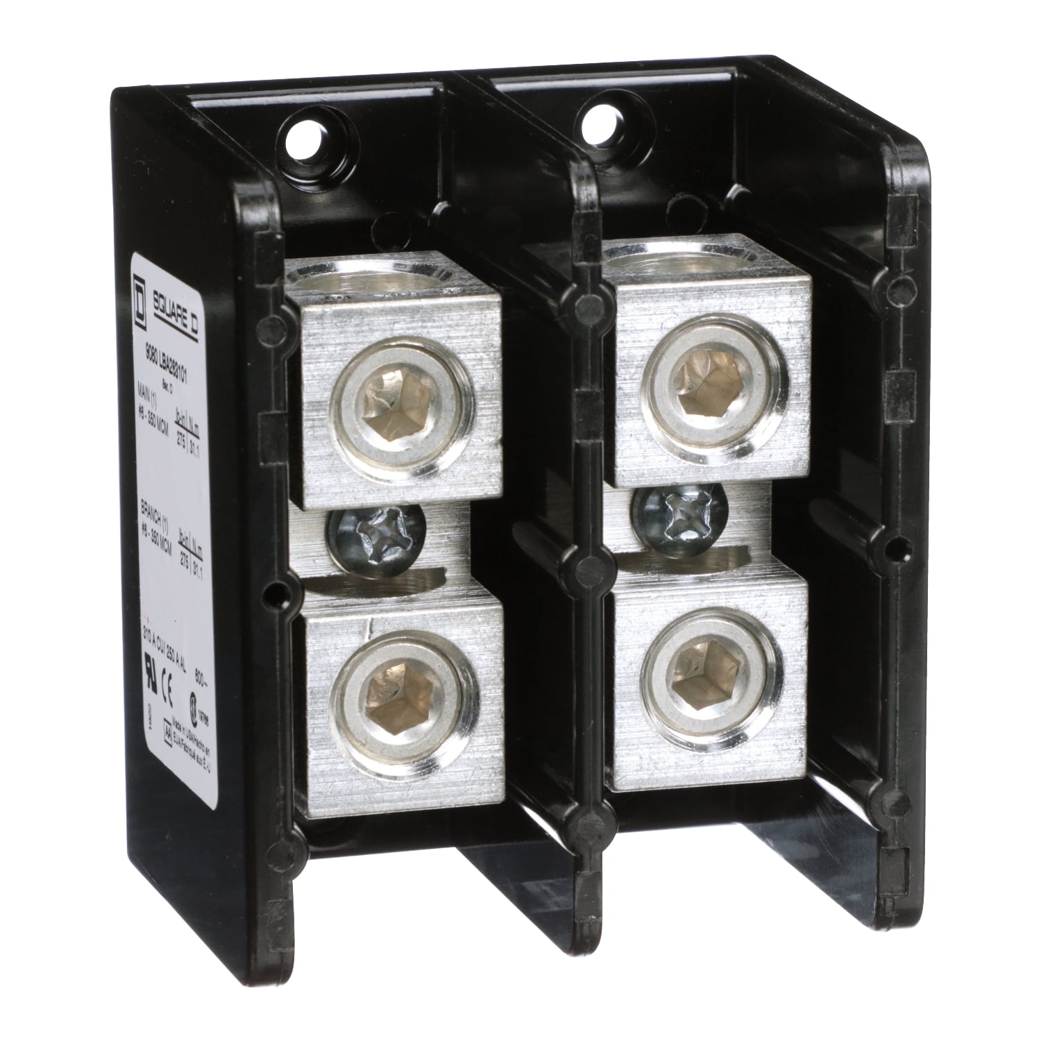 Power distribution block, Linergy, 2 pole, 1 line, 1 load, 310 Cu, 250A Al, 600V
