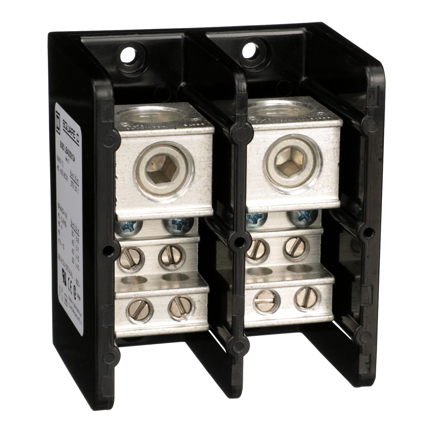 Power distribution block, Linergy, 2 pole, 1 line, 4 load, 335A Cu, 270A Al, 600V