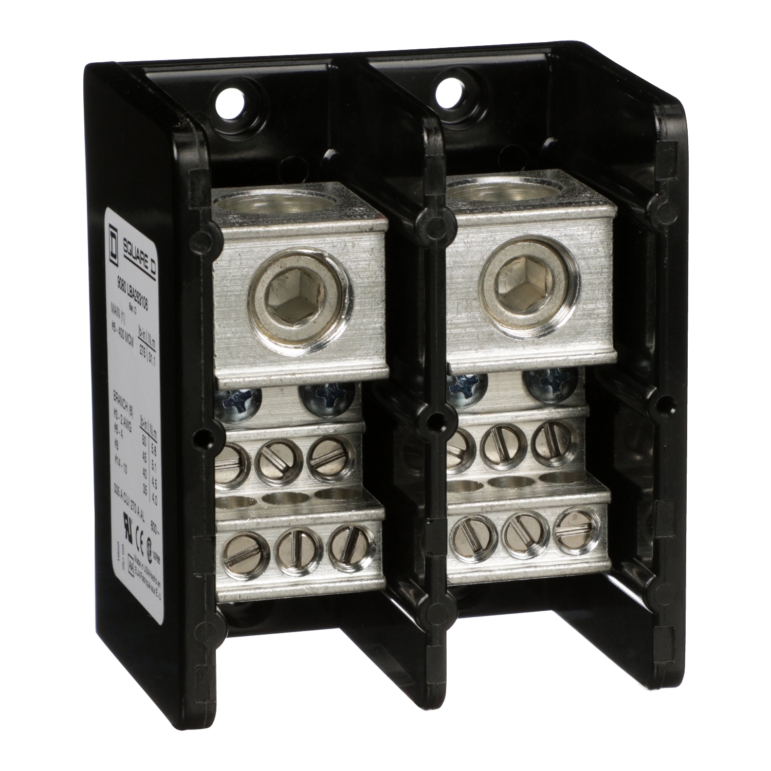 Power distribution block, Linergy, 2 pole, 1 line, 6 load, 335A Cu, 270A Al, 600V