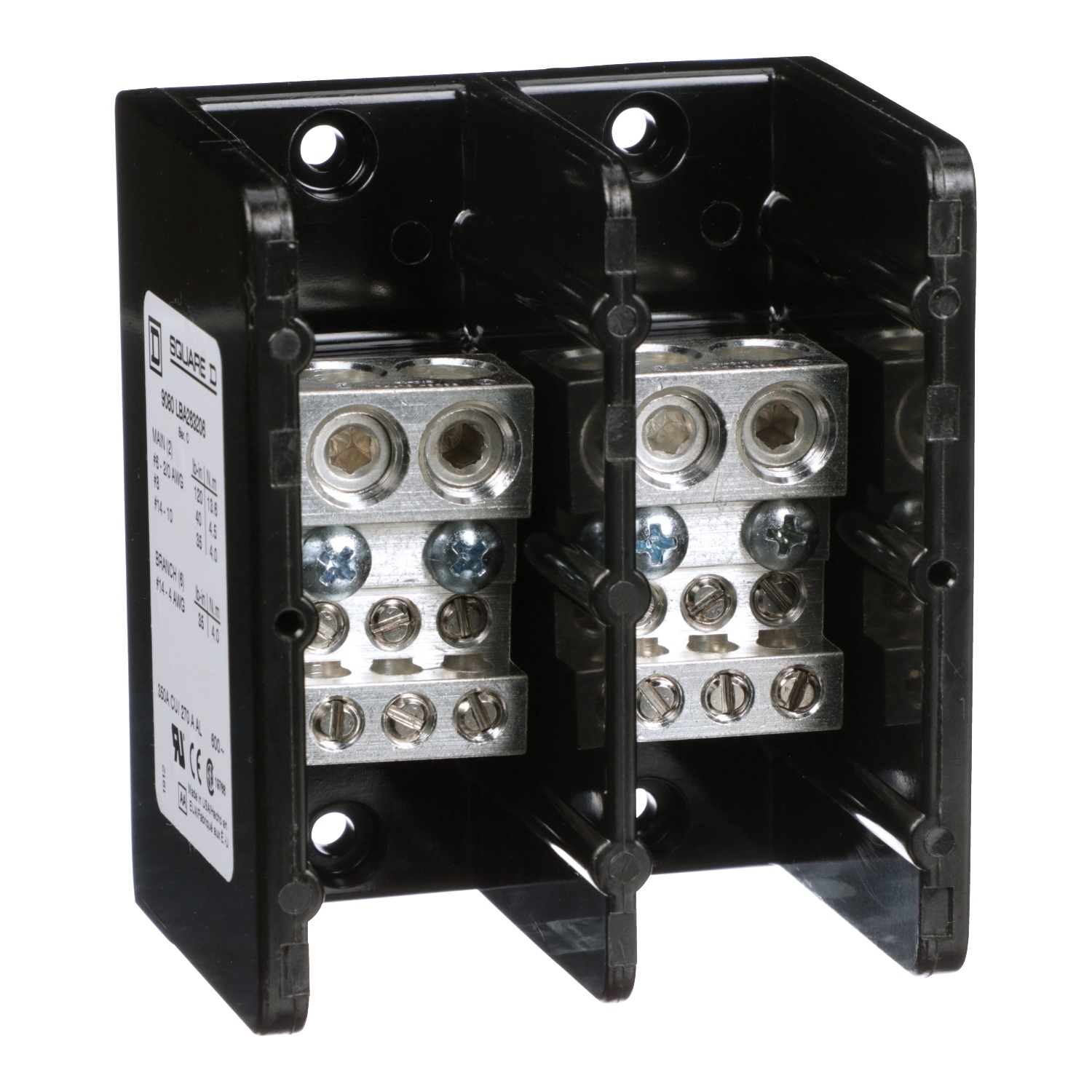 Power distribution block, Linergy, 2 pole, 2 line, 6 load, 350A Cu, 270A Al, 600V