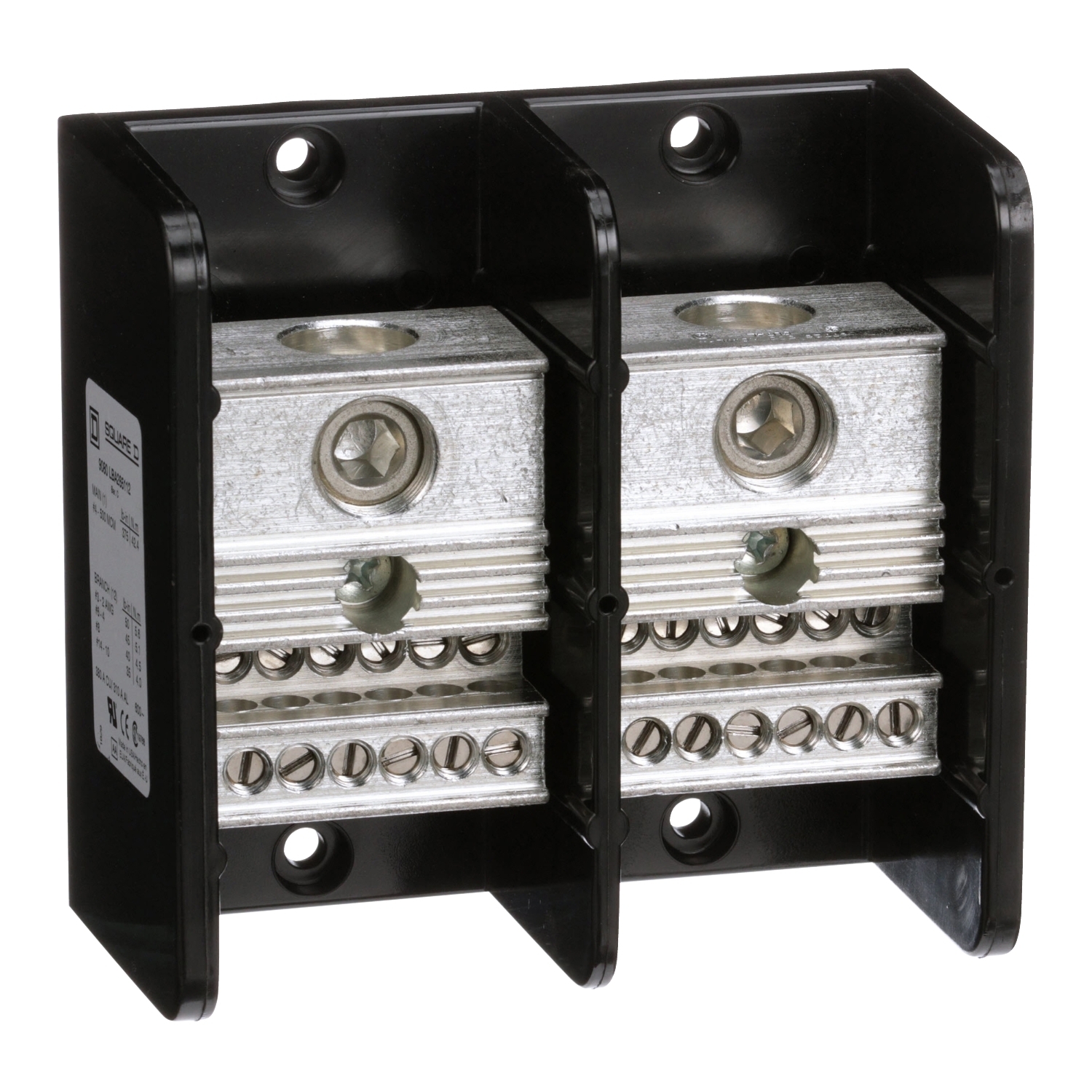 Power distribution block, Linergy, 2 pole, 1 line, 12 load, 380A Cu, 310A Al, 600V