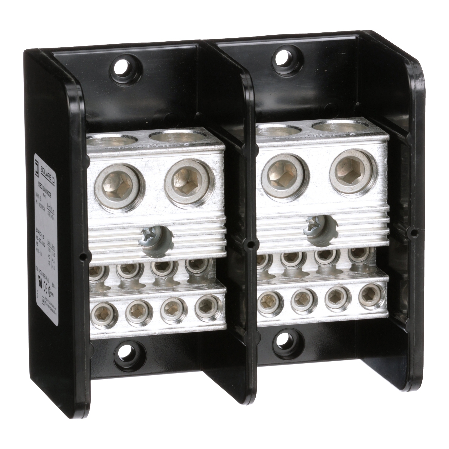 Power distribution block, Linergy, 2 pole, 2 line, 8 load, 760A Cu, 620A Al, 600V